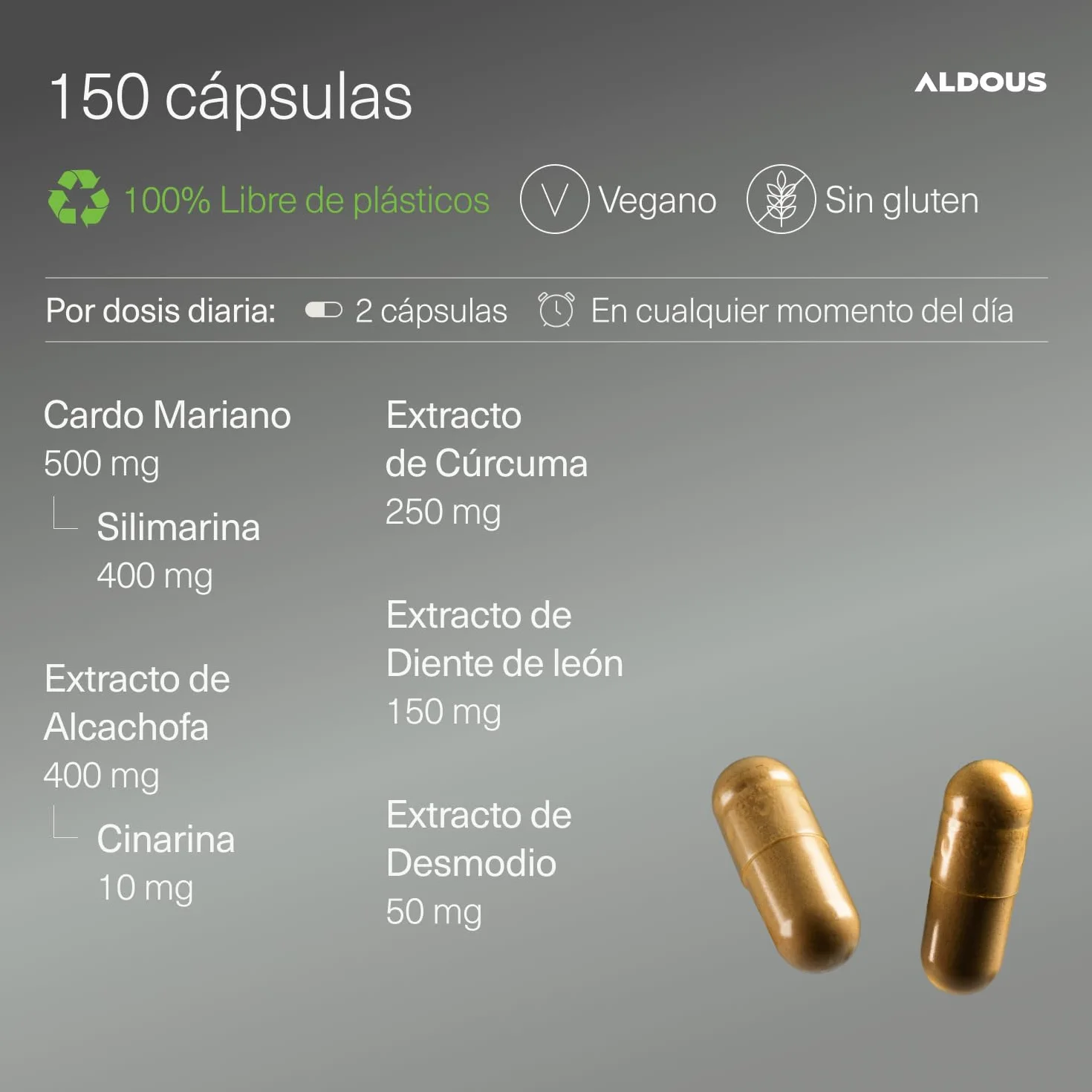 ALDOUS Cardo Mariano Cúrcuma Alcachofa Diente de León Desmodium 150 Cápsulas Detox 80% Silimarina