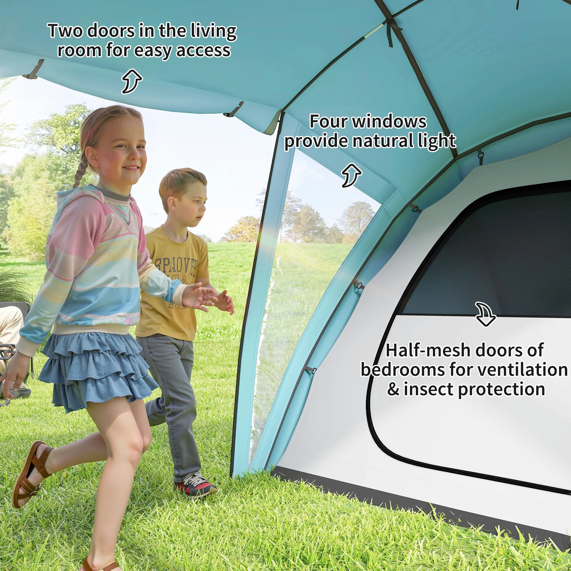 Outsunny Tienda de campaña Familiar para 4 a 6 Personas con 2 dormitorios y una Sala de Estar, Tienda de campaña Impermeable con Lona de Suelo Cosida, Puertas, Ventanas, Bolsa de Transporte