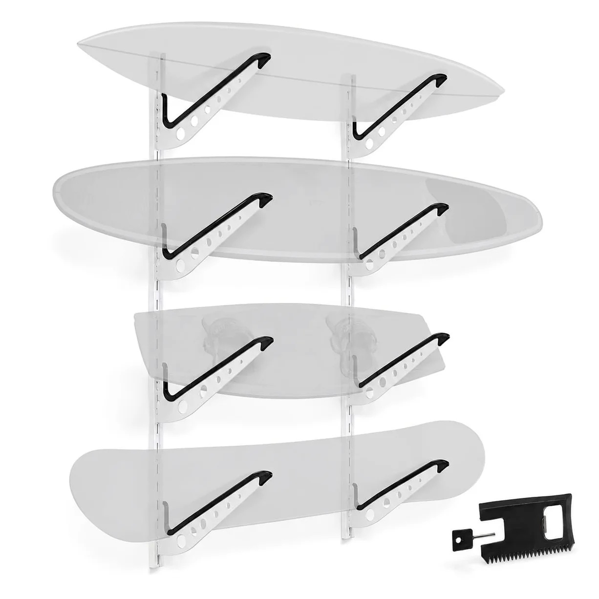 Katai Soporte de pared para tabla de surf – Soporte de pared ajustable para tablas de surf, SUP, tablas de snowboard, wakeboards y longboards – Incluye herramienta de combo de tabla