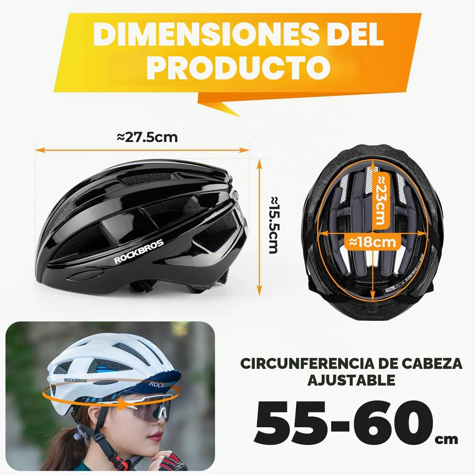 ROCKBROS Casco de Bicicleta con Luz LED para Hombre Mujer, 55-60 cm | 3 Modos de Luz, Transpirable, Ajustable y con Forro Desmontable para Ciclismo de Carretera y MTB