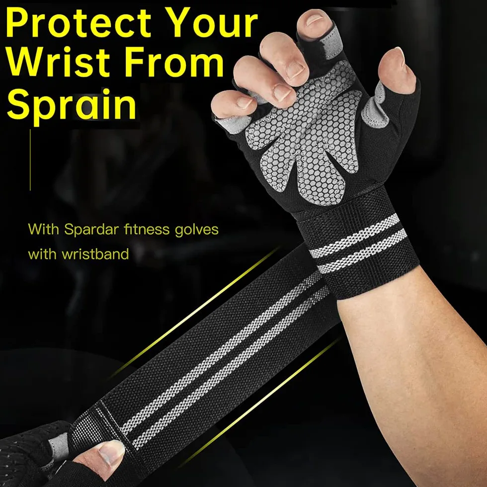 1 par de guantes de entrenamiento sin dedos para hombres y mujeres, guantes de levantamiento de pesas con muñequeras, soporte para entrenamiento en gimnasio, protección completa de la palma, neg