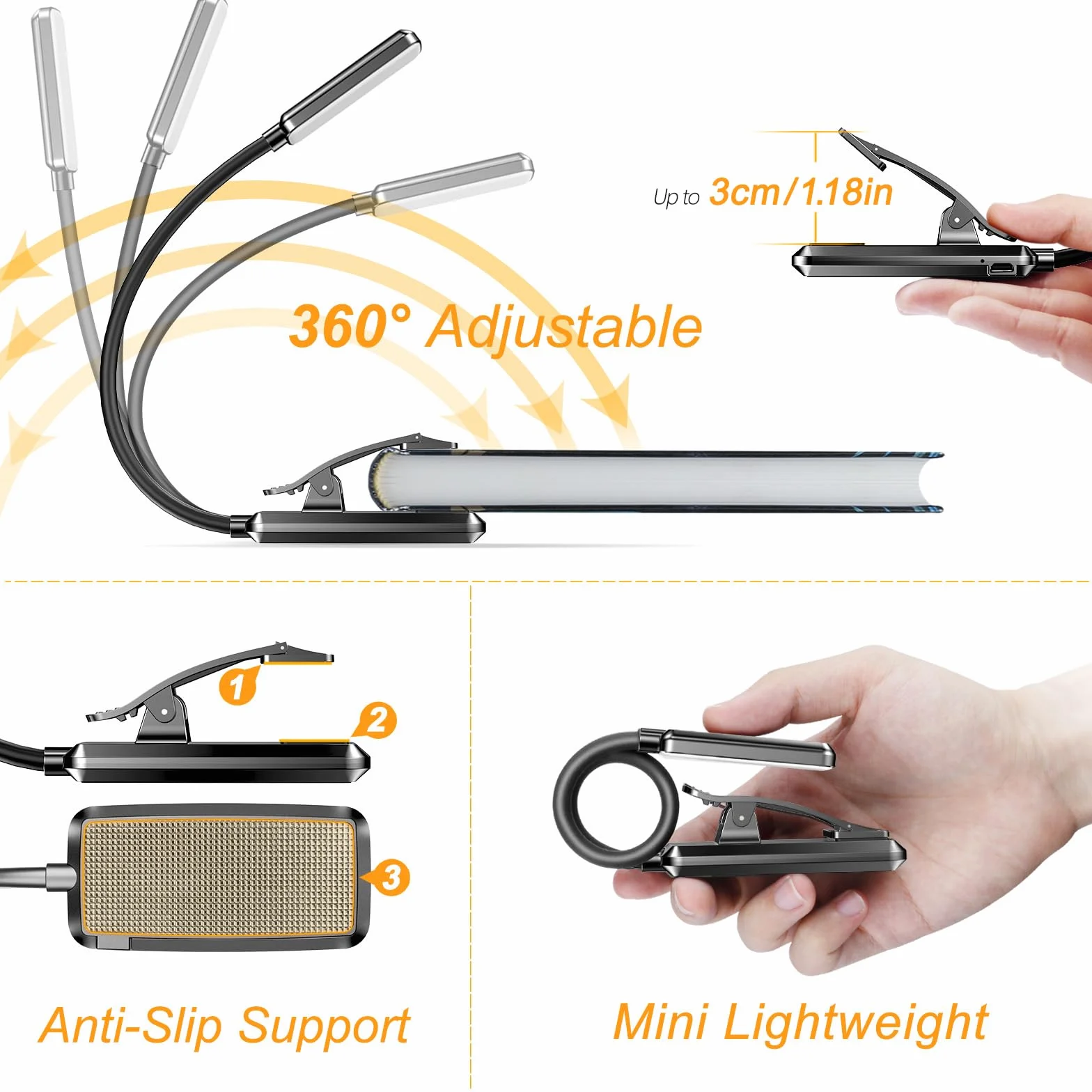 Gritin Lampara de Lectura Recargable con 9 LED 3 Modos Proteccion Ojos, Atenuacion Continua, Bateria Larga Duracion, 360° Flexible
