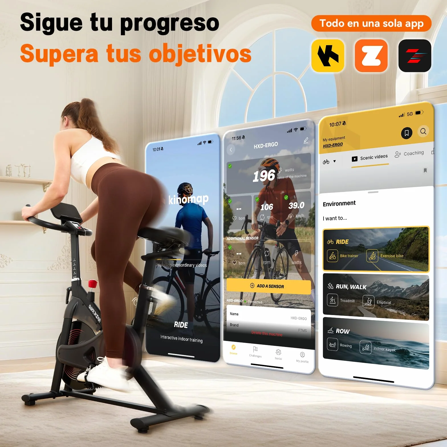 HXD-ERGO Bicicleta Estática en Casa con Resistencia Ajustable, Bicicleta Estatica Silenciosa con Monitor LCD, Cómodo Cojín de Asiento, App Propia, Capacidad de 160 kg, Entrenamiento Aeróbico