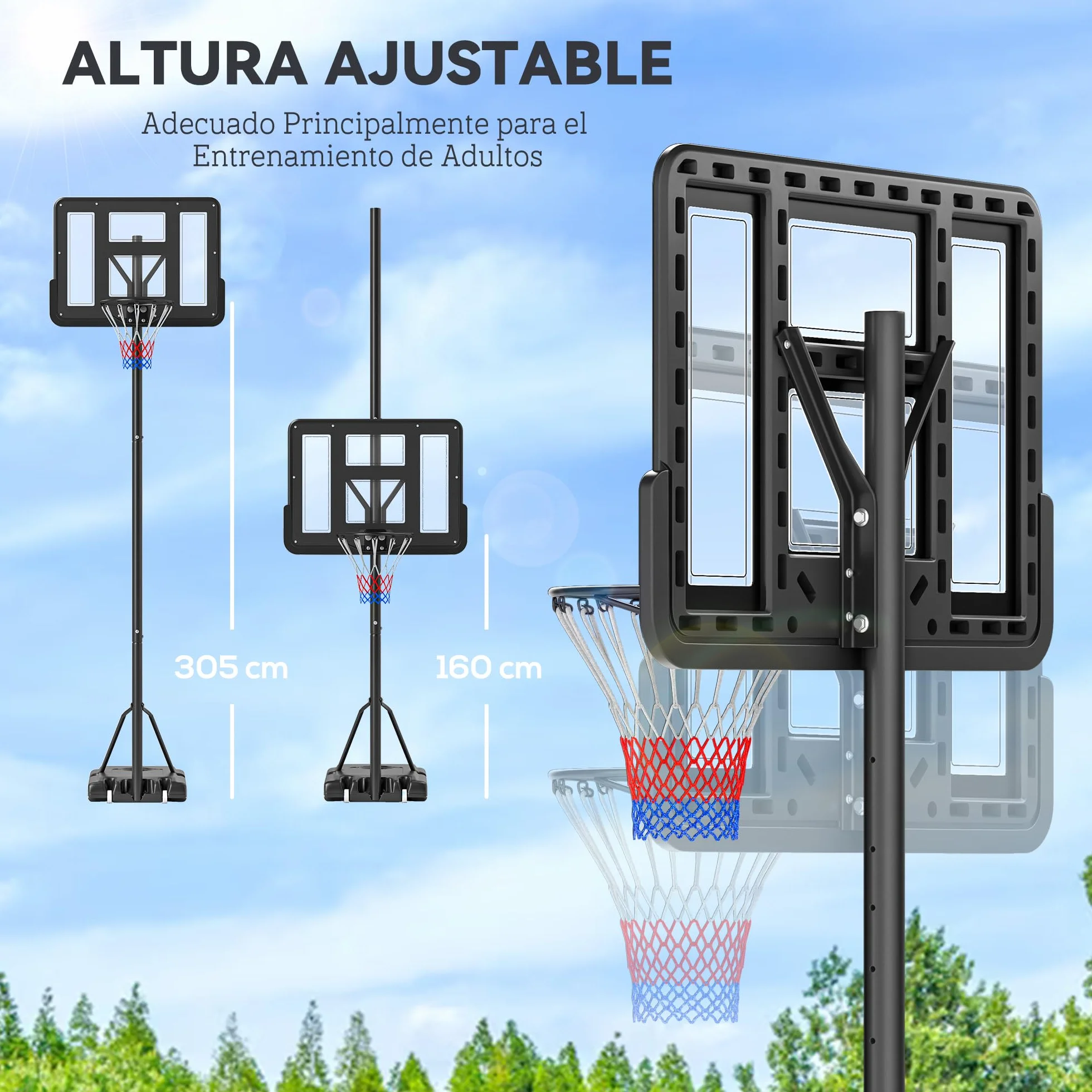 HOMCOM Canasta de Baloncesto Exterior Altura Ajustable 220-365 cm Aro Portátil con Soporte Base Rellenable Negro