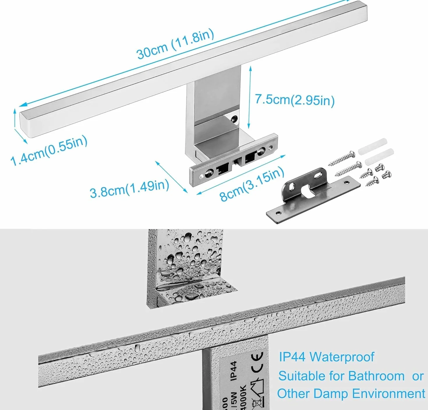 Lámpara de Acero Inoxidable LED 3 en 1 Espejo Baño 5W 400LM 30cm 230V 4000K Blanco Neutro
