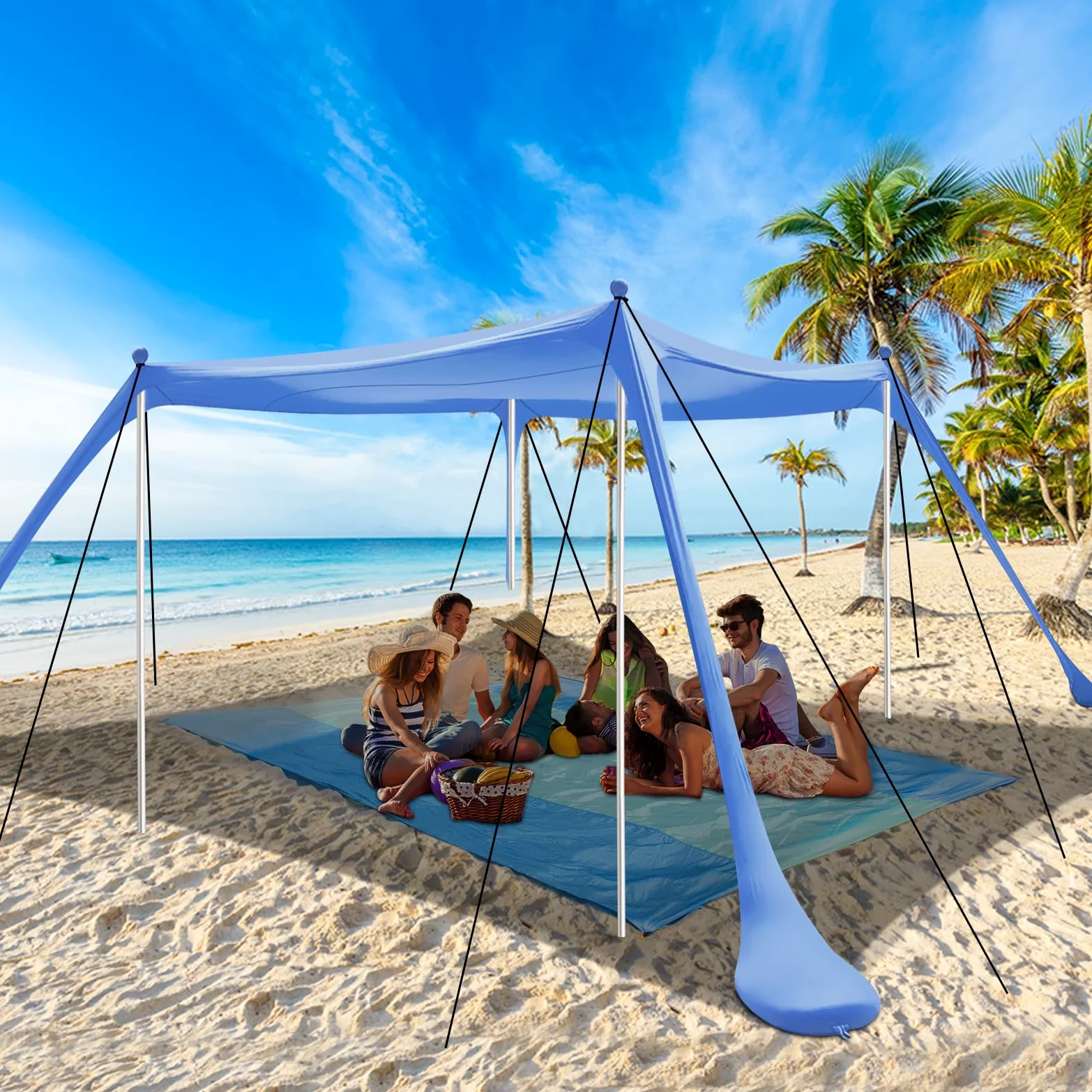 Riggo Tienda de playa, toldo SPF 50+, 3 × 3 m, con pala de arena, piquetas y barras de estabilidad, protección contra viento y sol, camping, pesca, diversión