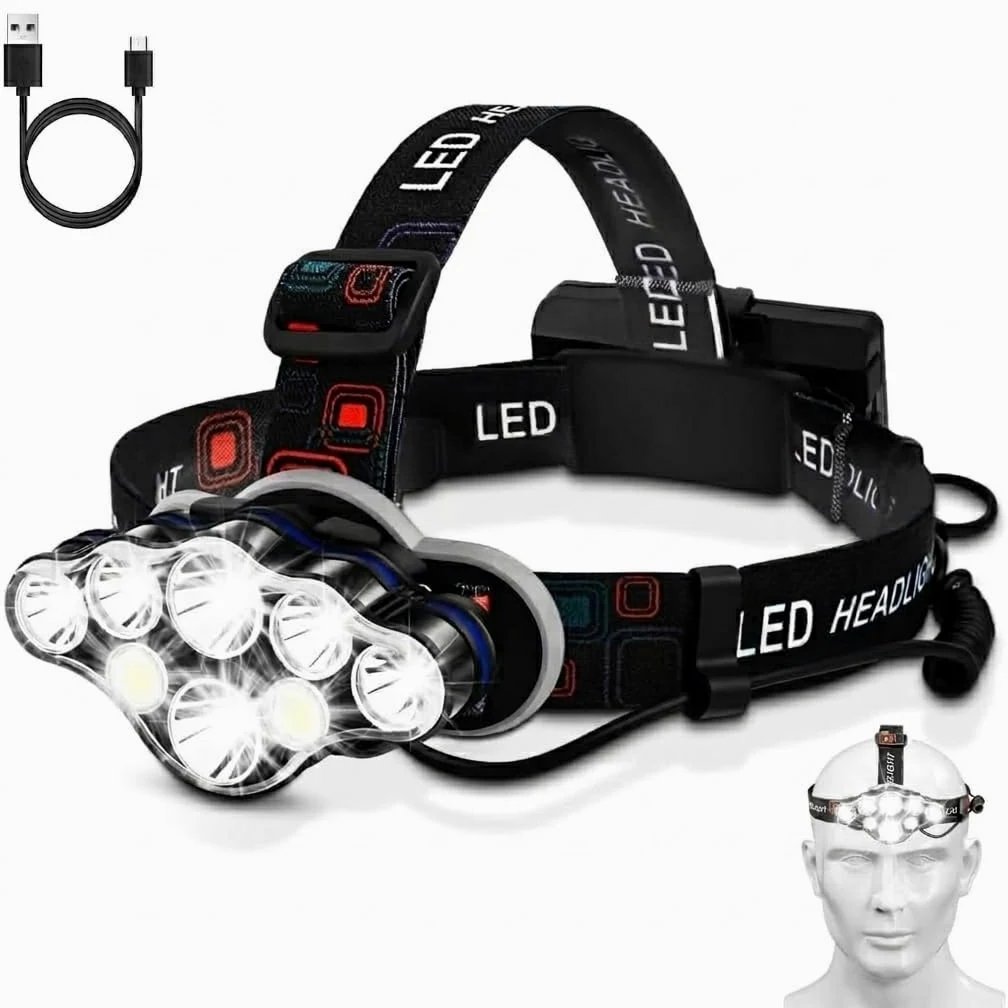 Elmchee Linterna frontal recargable, 8 LED 18000 de alto lúmenes brillante con luz roja para adultos, 18650 USB sensor de movimiento, linterna impermeable para senderismo, camping, correr, pesca