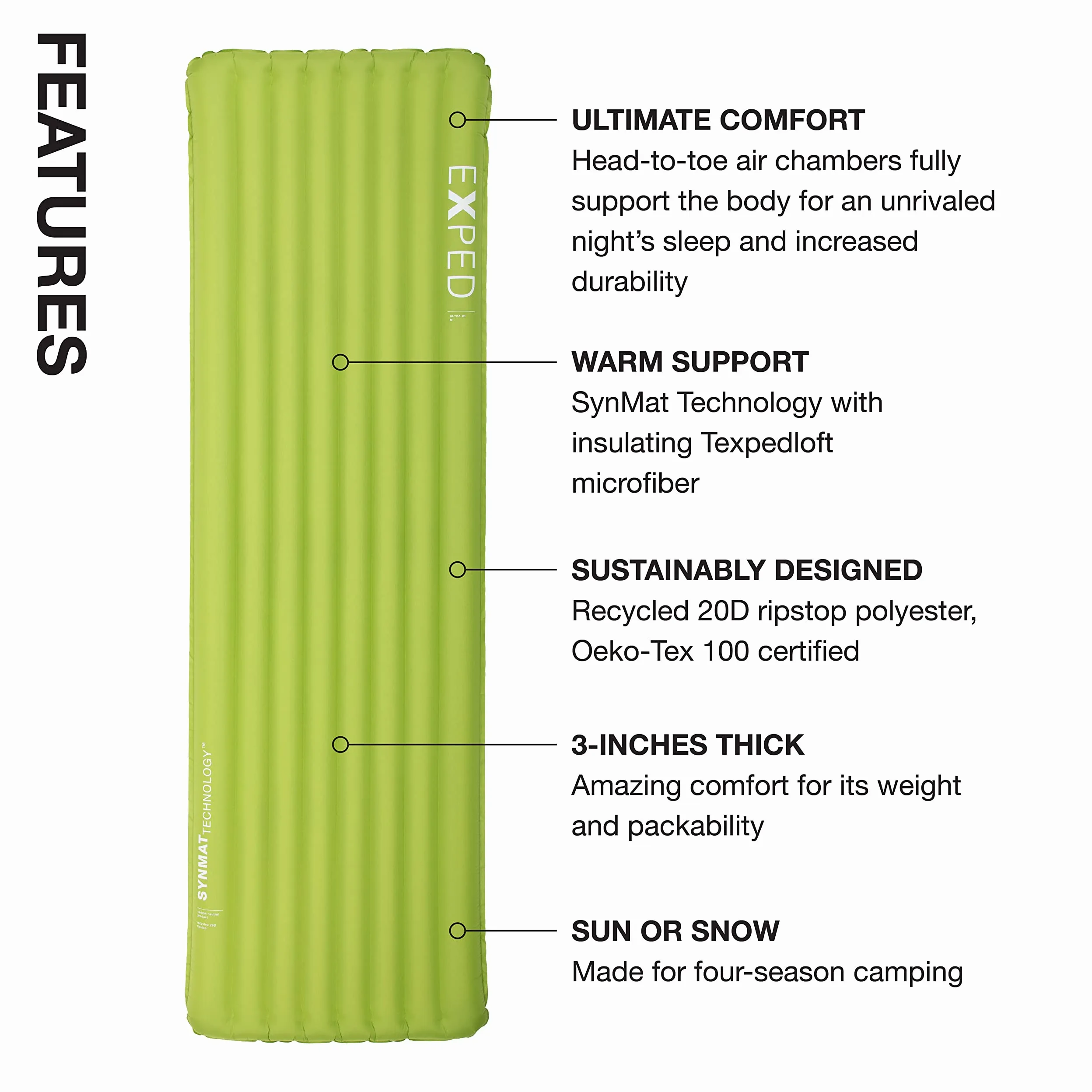 Exped Ultra 5R | Tapete Ligero para mochilero | Plegable y cómodo | Tapete de Dormir de -5 Grados para 4 Estaciones, liquen, Mediano | Colchoneta de dormir ultraligera para acampar durante las 4 estaciones