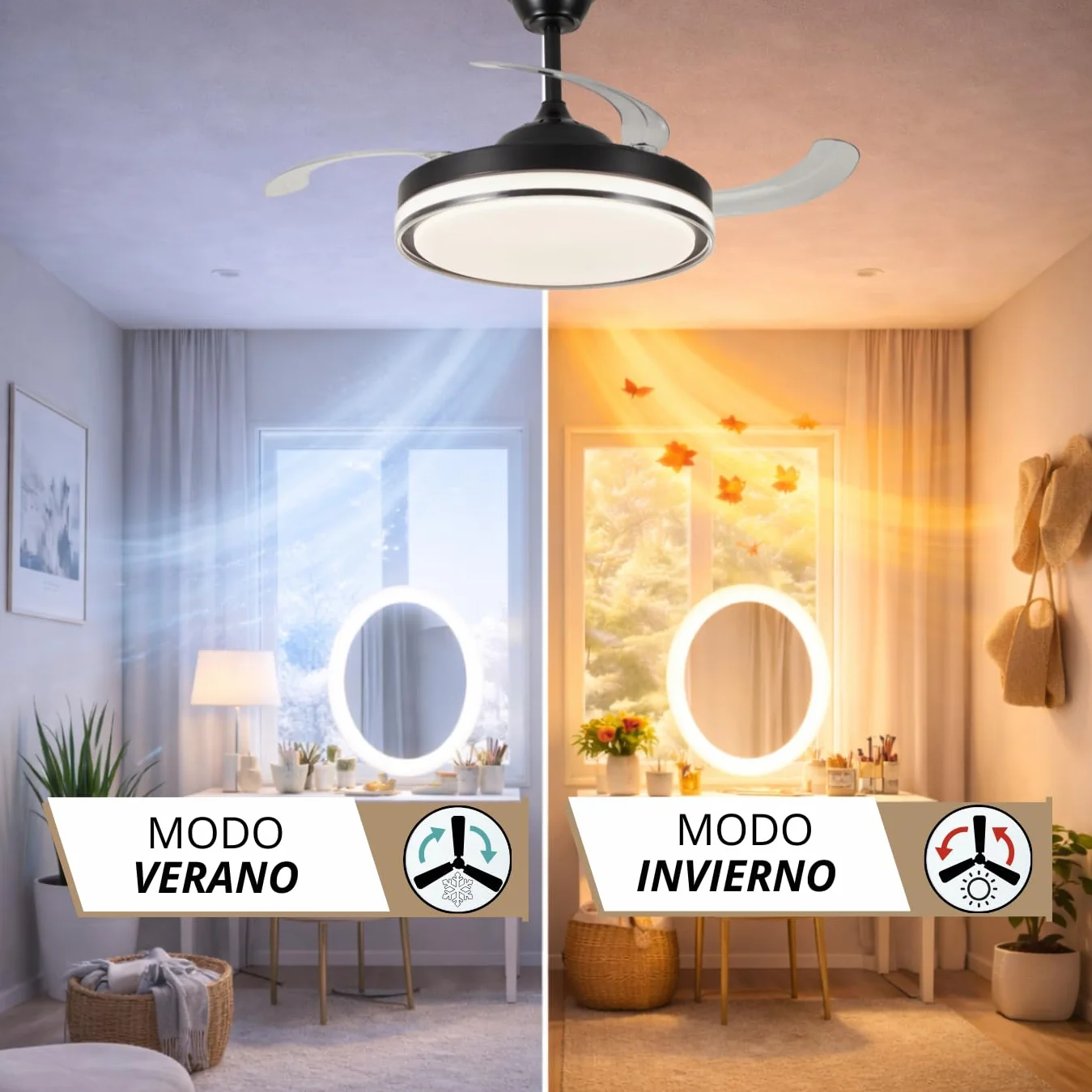 NARVI Ventilador de Techo Negro con Luz LED Regulable, Motor DC 30W Silencioso, 3 Aspas Retráctiles, Función Invierno Verano