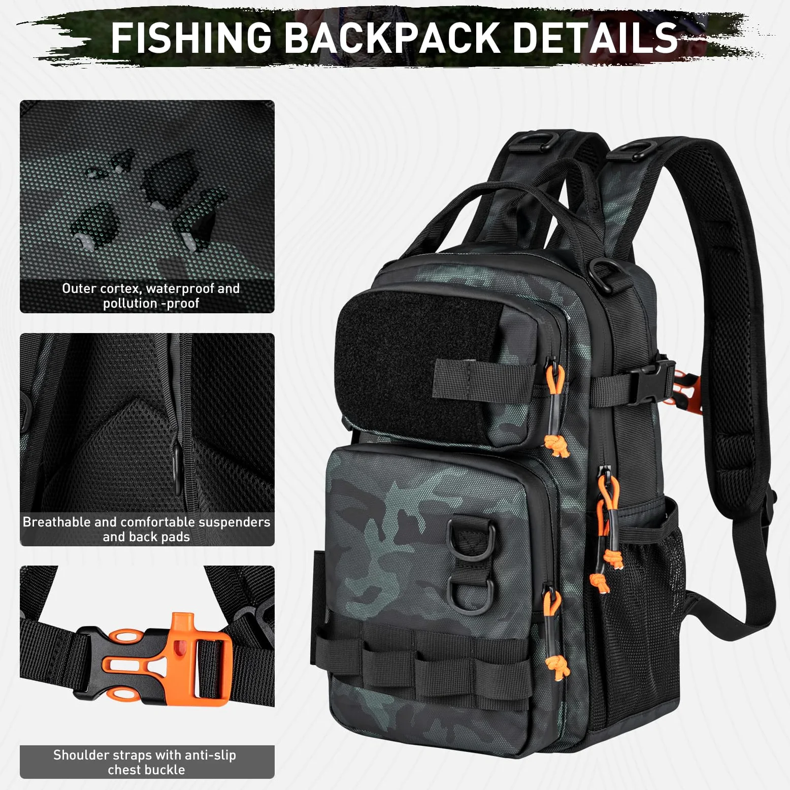 THKFISH Mochila de pesca con soporte para caña, kit de herramientas de pesca, bolsa resistente al agua con kit de señuelos de pesca, caja de aparejos de pesca y juego de alicates para hombres y