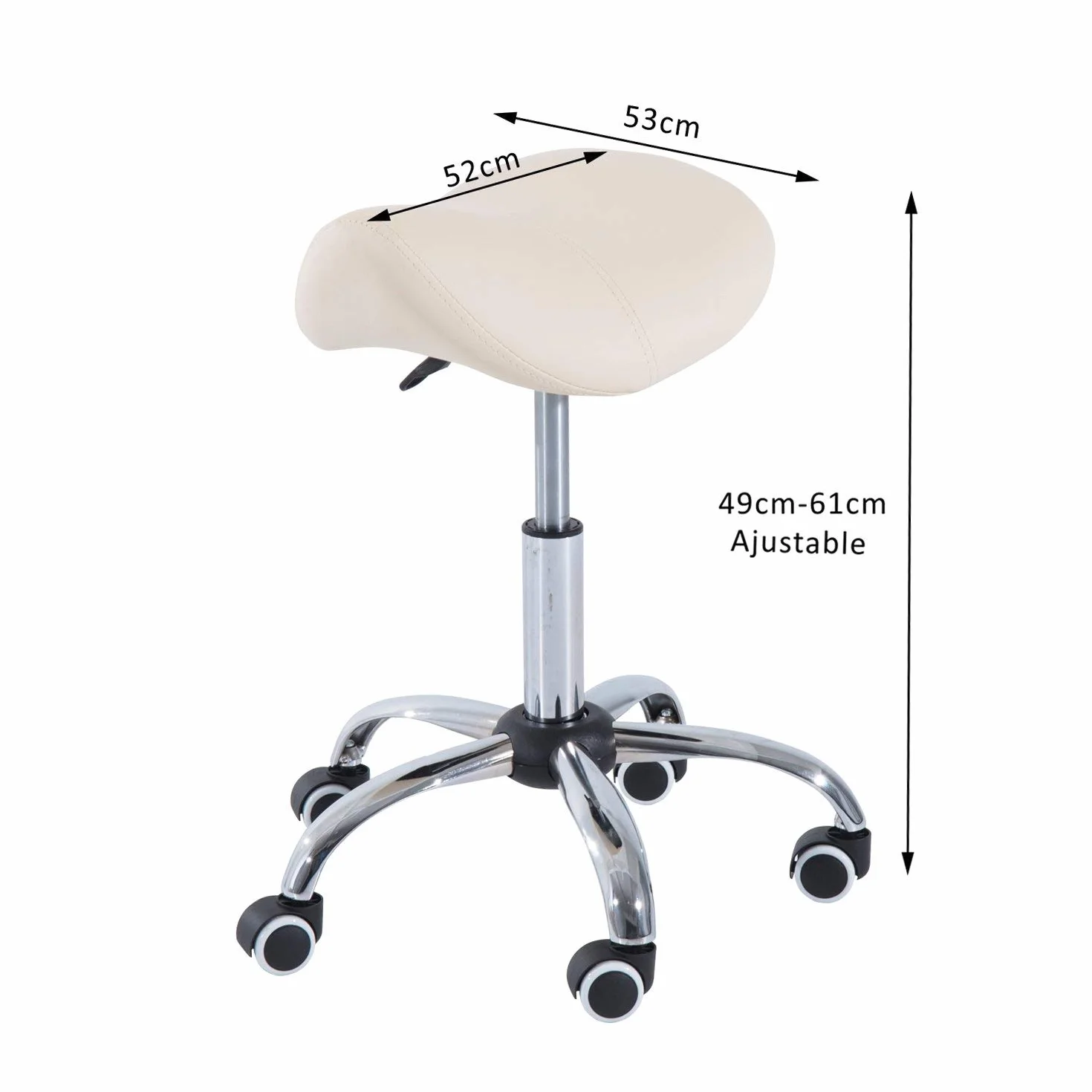 Taburete de Peluquería Giratorio 360º, Silla con Asiento de Cuero Sintético, Altura Regulable, Base Estable con 5 Ruedas, Blanco