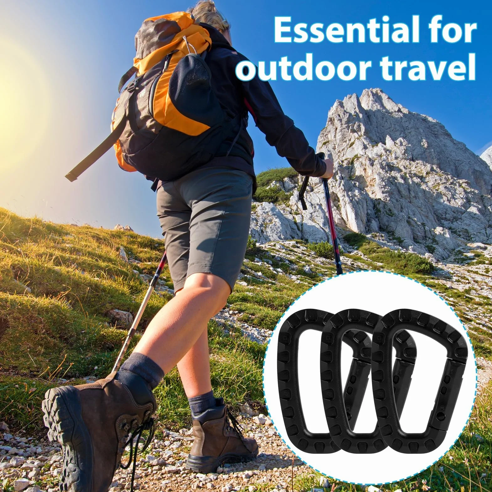 12 Piezas mosqueton Grande tactico Escalada, Carabiners, D Shape Carabiner Negro de plástico tamaño (8,3 cm x 5,5 cm), para Actividades al Aire Libre como Camping, Senderismo y Viajes