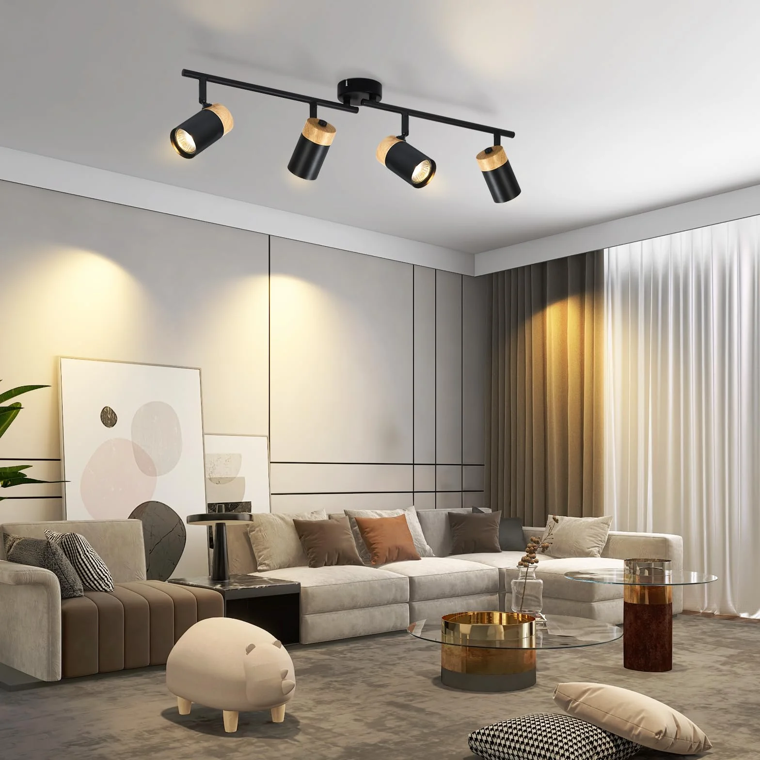 Plafón de madera negro LED orientable 330° 4 brazos GU10 para salón cocina habitación infantil