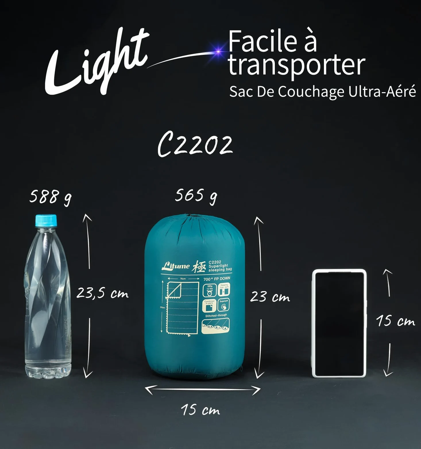Saco de Dormir combinable Litume de plumón, 565g, 15°C, Ligero, Compacto para Adultos, Saco de Dormir Doble, para mochileros, Camping, Familia, Compacto con Bolsa de Almacenamiento(Verde Azulado)