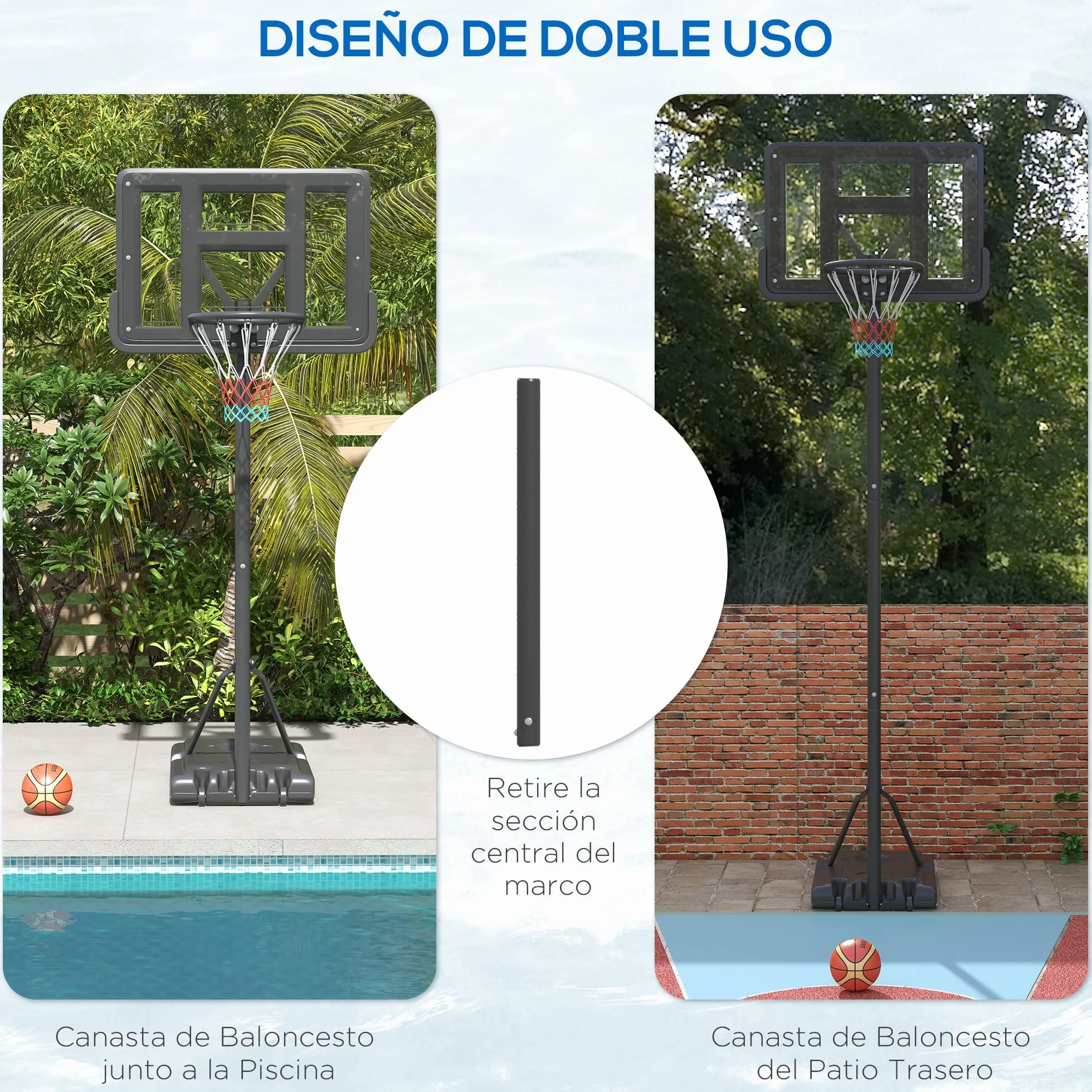 SPORTNOW Canasta de Baloncesto Exterior 2 en 1 Altura Ajustable 230-305 cm Aro para Piscina Soporte con Ruedas Base Rellenable Negro