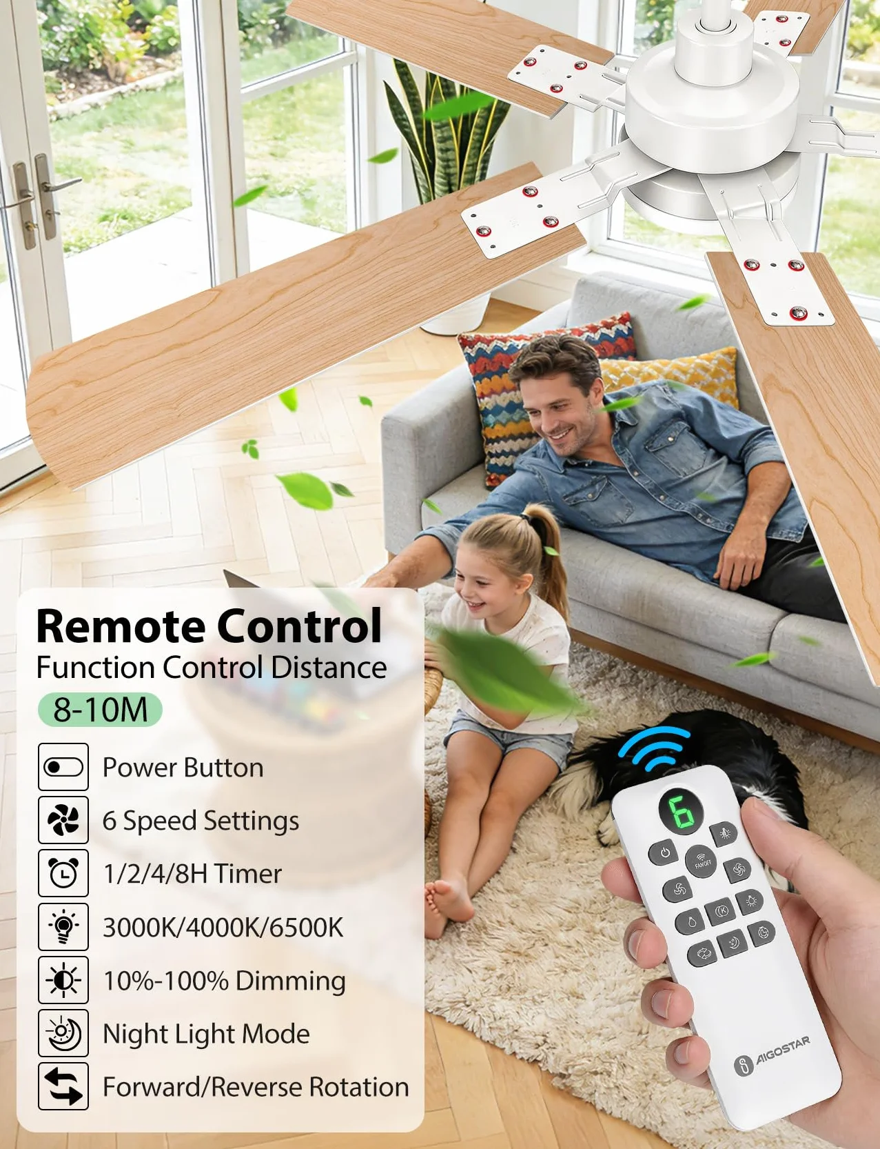 Aigostar Ventilador de Techo con Luz Silencioso 52″ 33W Regulable 3000K/4000K/6000K Mando a Distancia