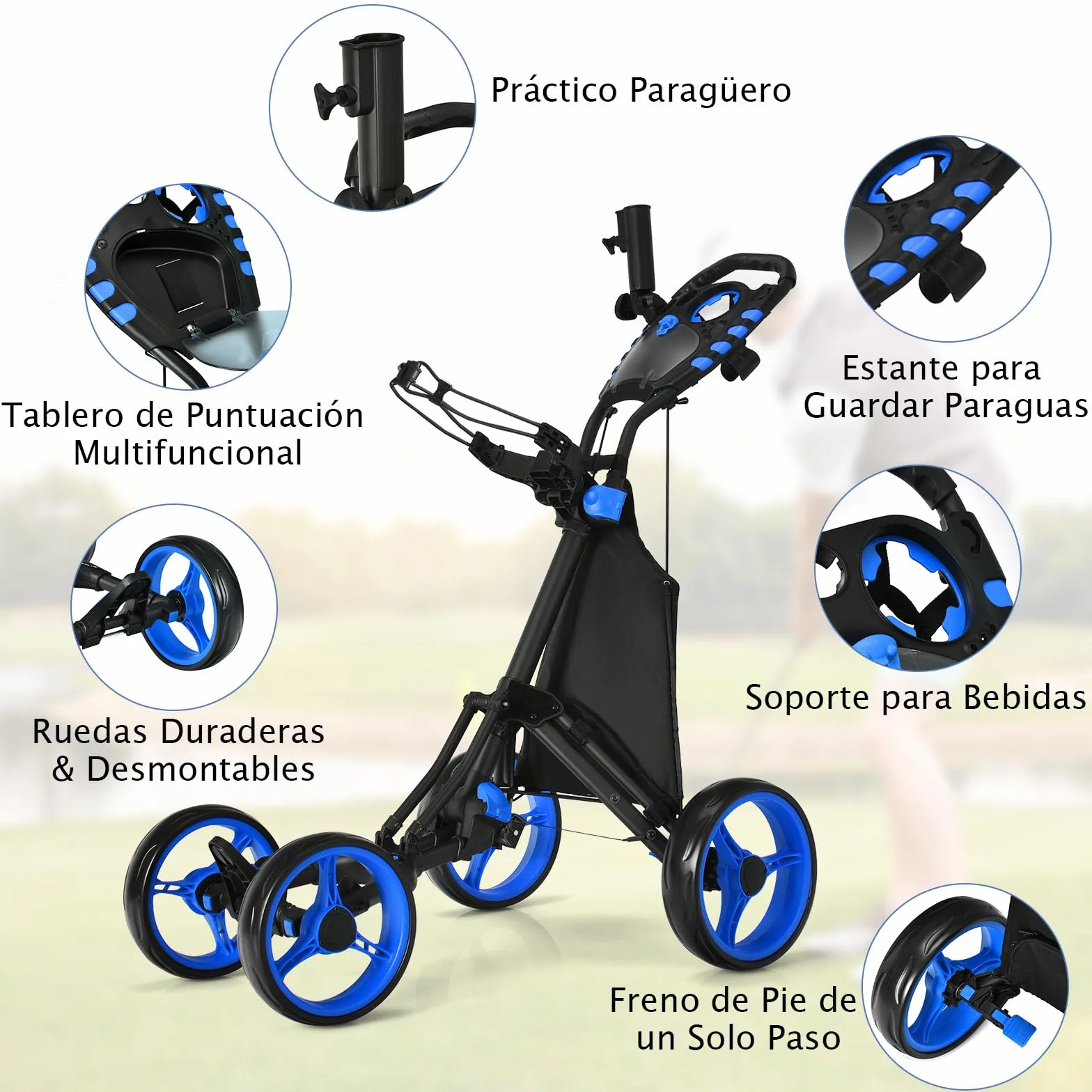 COSTWAY Carrito Golf Plegable 4 Ruedas con Bolsa Impermeable y Freno de Pie