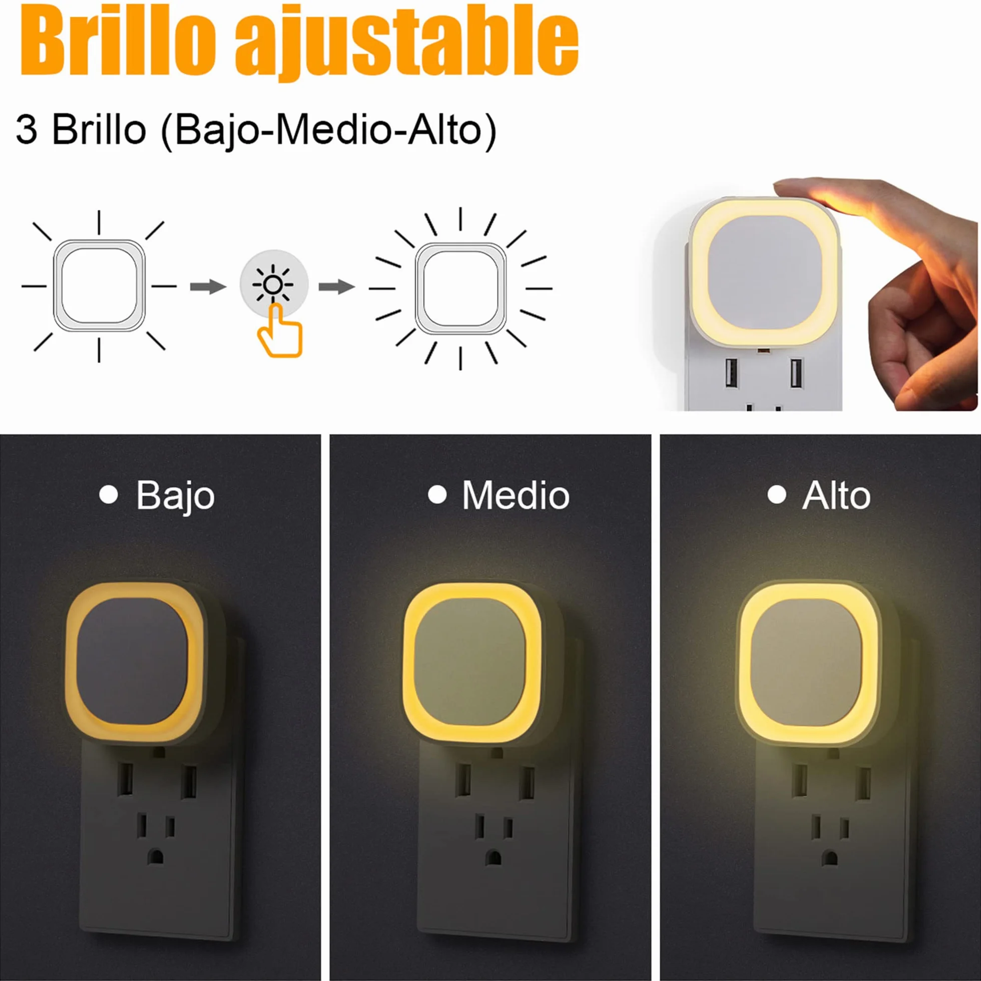 YUNLEX Luz Nocturna LED Infantil con Sensor Crepuscular 2 Piezas, Brillo 3 Niveles, Blanco Cálido