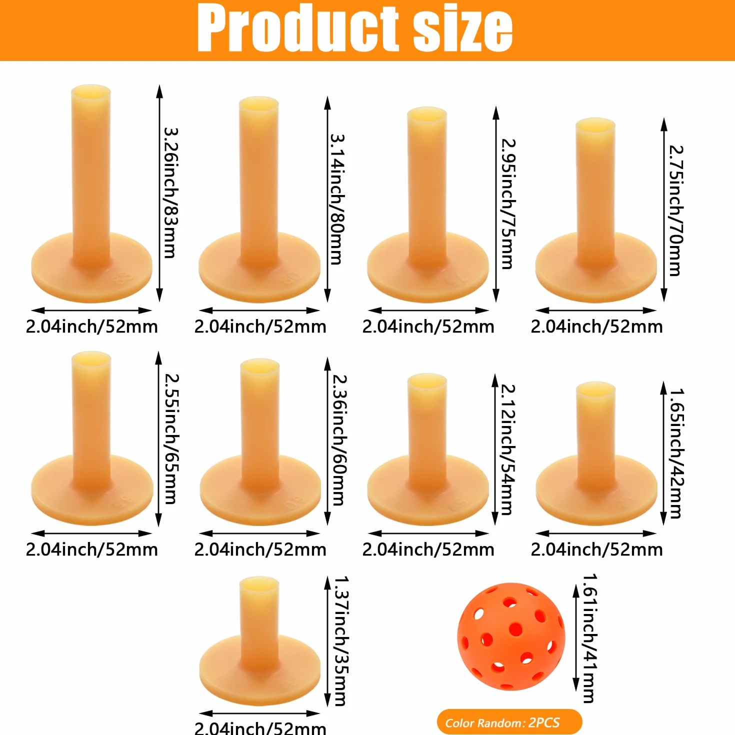 9 piezas de goma de golf Tees de Golf Tees 9 diferentes tamaños 35 mm/42 mm/54 mm/60 mm/65 mm/70 mm/75 mm/80 mm/83 mm, con 2 bolas perforadas de colores aleatorios (amarillo té)