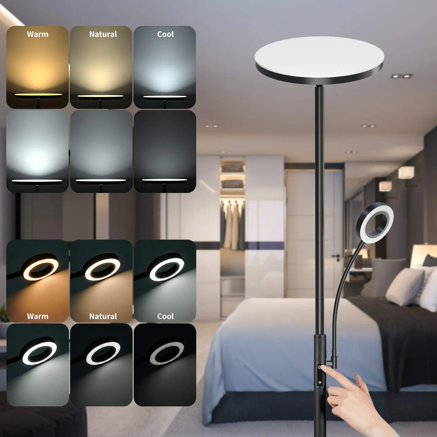 Modlicht 35W Lampara de Pie LED Negro 4200lm 6 Modos 3000-6000K Regulable Control Remoto Táctil Timer 1H