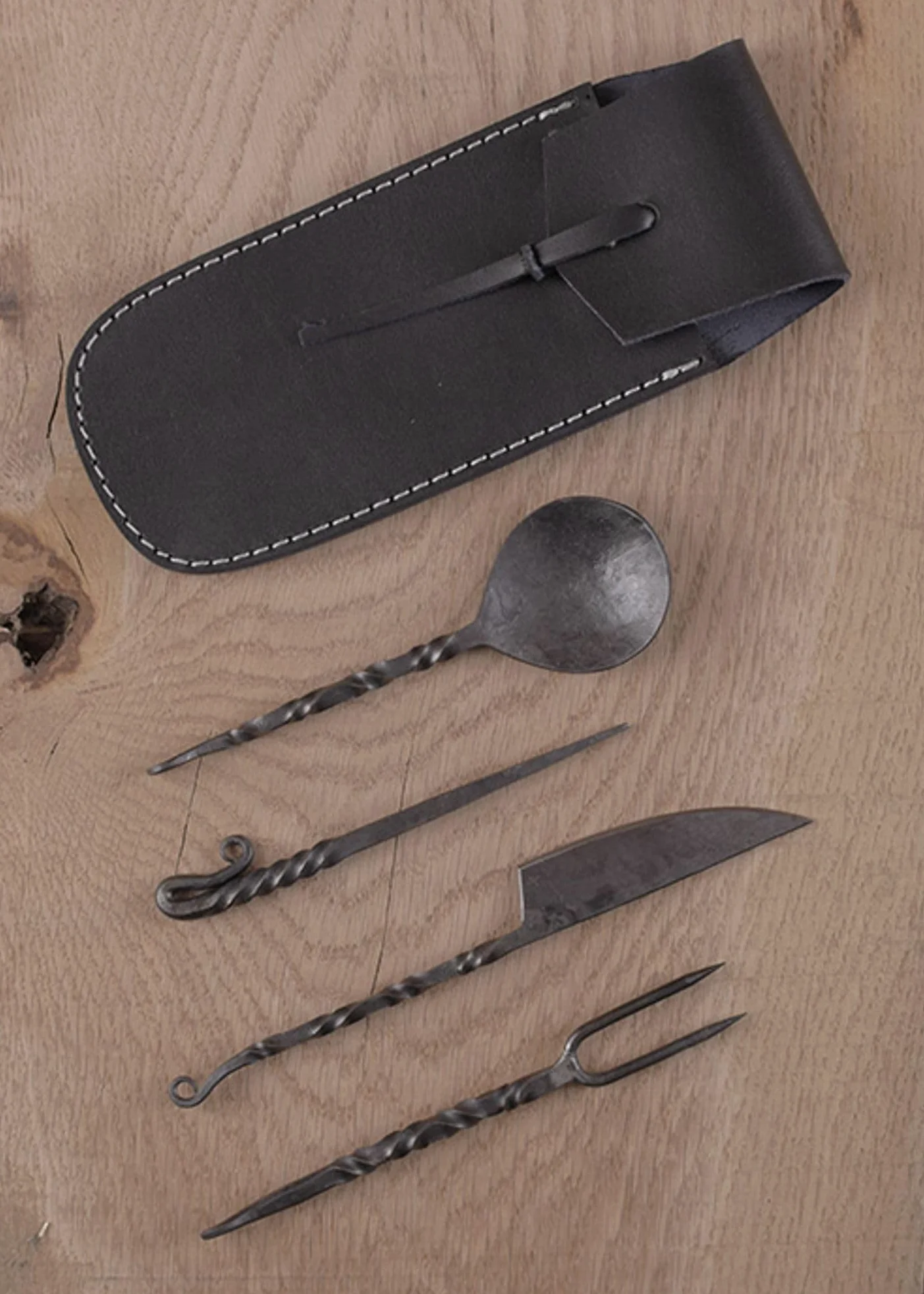 Cubiertos medievales forjados a mano de 4 piezas, con funda de piel: cuchillo, tenedor, cuchara y punzón para comer medieval / vikingo - varios tipos de mangos (con mangos de madera)