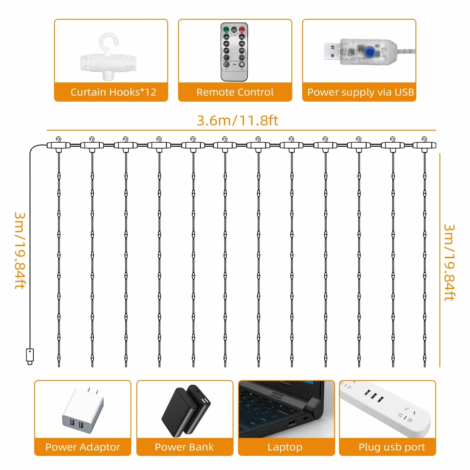 Cortina de Luces LED 360 LED 3.6 x 3M con Control Remoto 8 Modos USB para Exterior Navidad Jardín (Blanco frío)