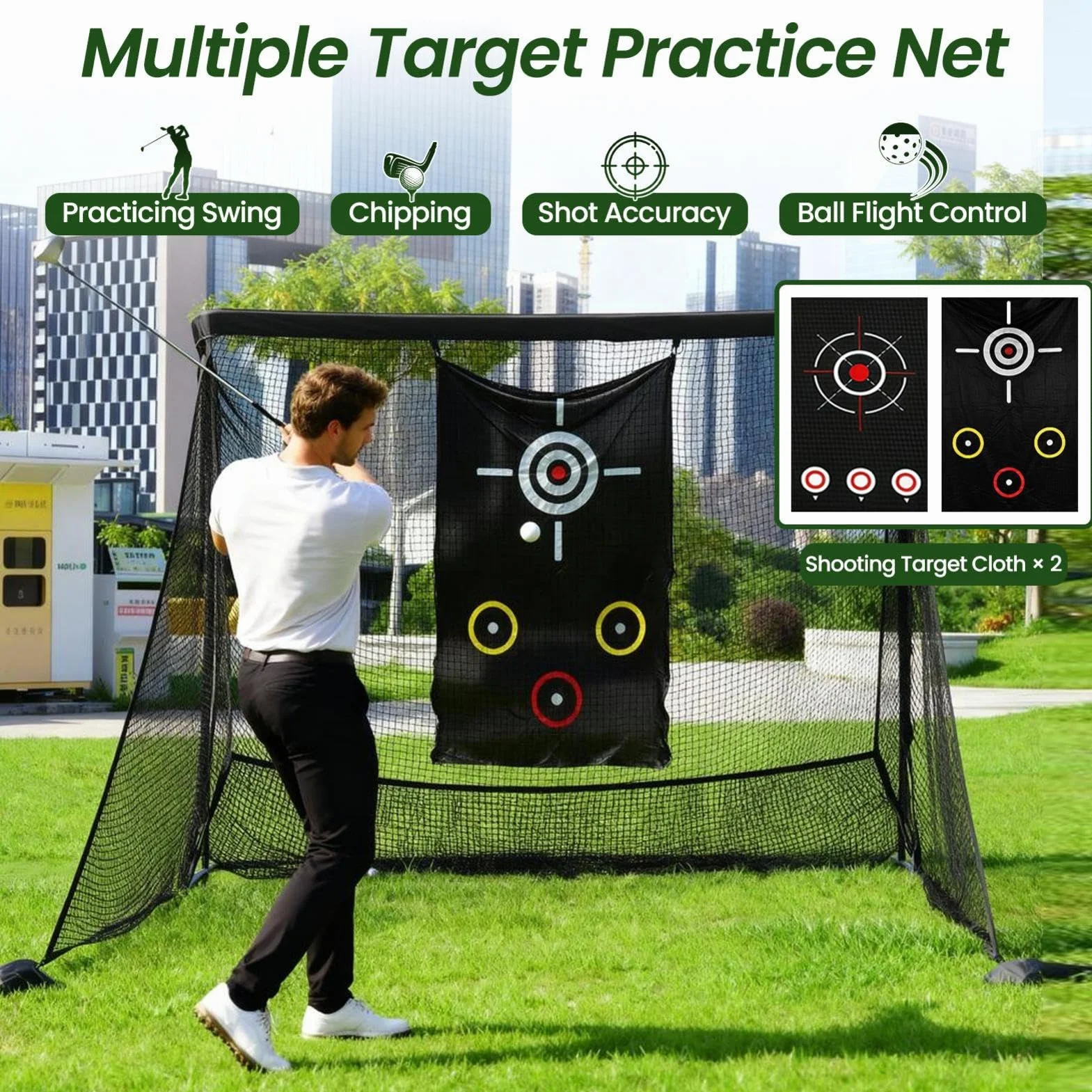 Red de golf, red de entrenamiento portátil con barreras laterales/retorno automático de la pelota, red de golf con dos paños de objetivo, una bolsa de transporte y cuatro anclajes de suelo