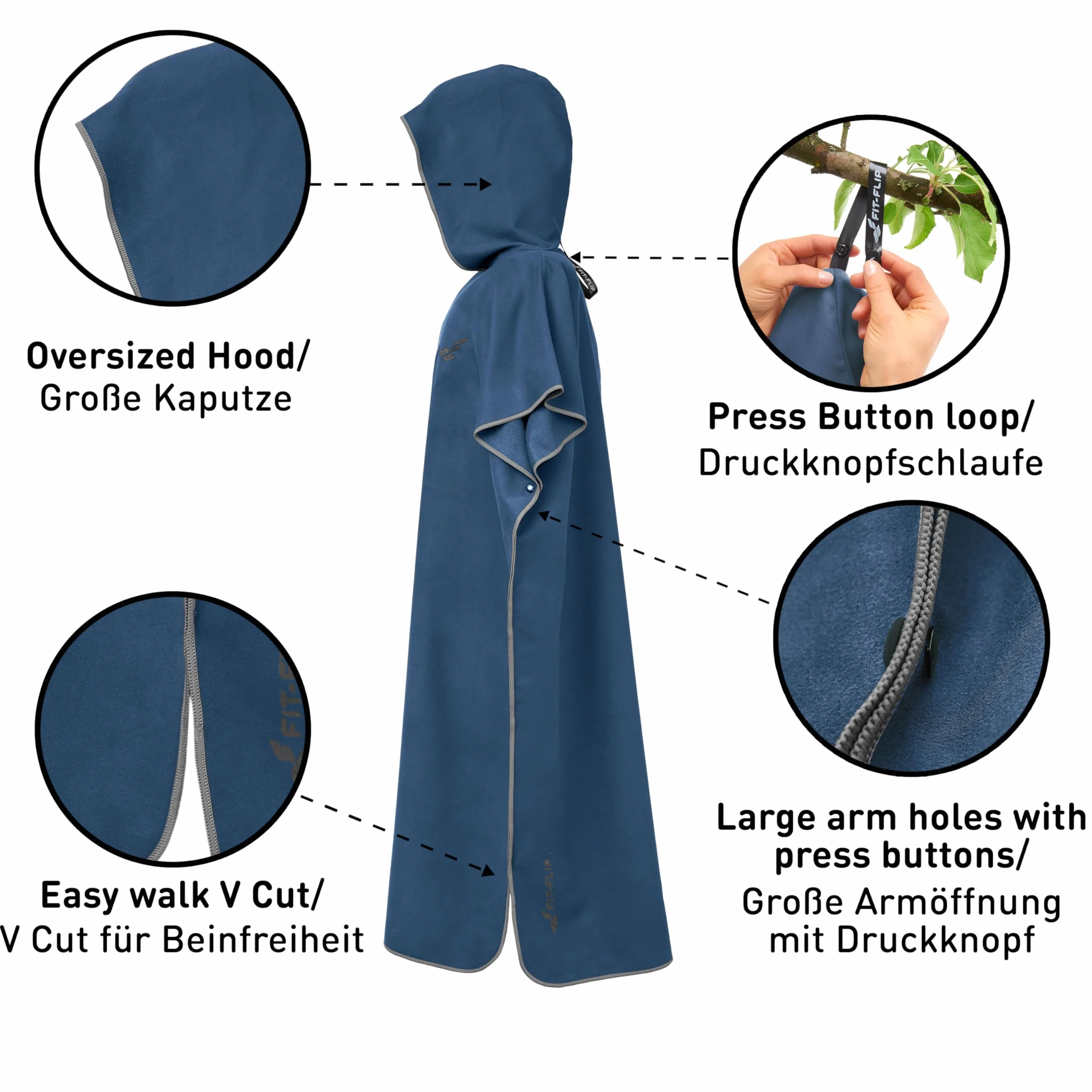 Fit-Flip Poncho de Surf - Ligero, Compacto y de Secado rápido - Toalla para cambiarse para Mujeres y Hombres - Albornoz natación de Microfibra Playa