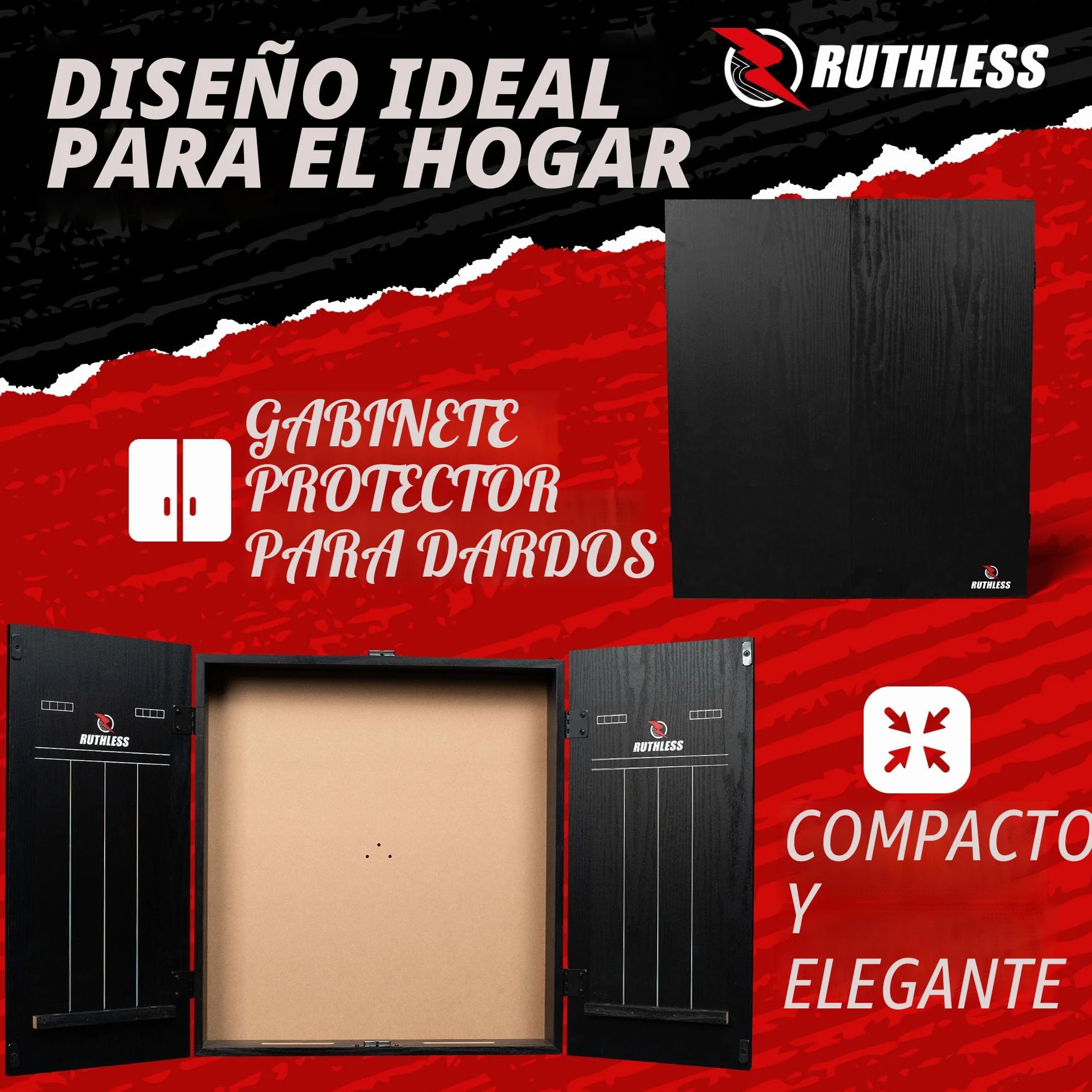 Ruthless Centro de dardos para el hogar, opciones de luz LED, centro de tablero de dardos para el hogar, incluye gabinete, diana y 2 juegos de dardos (USB)