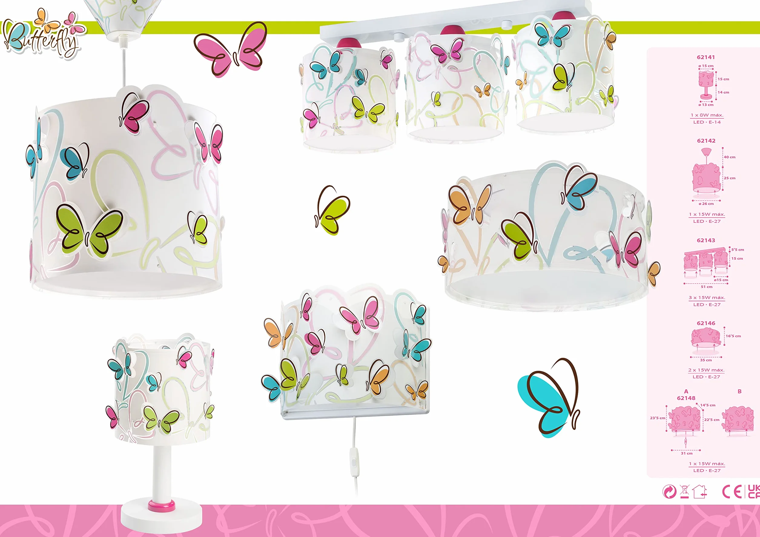 Dalber Lámpara Infantil de Techo Mariposas Butterfly E27 Multicolor