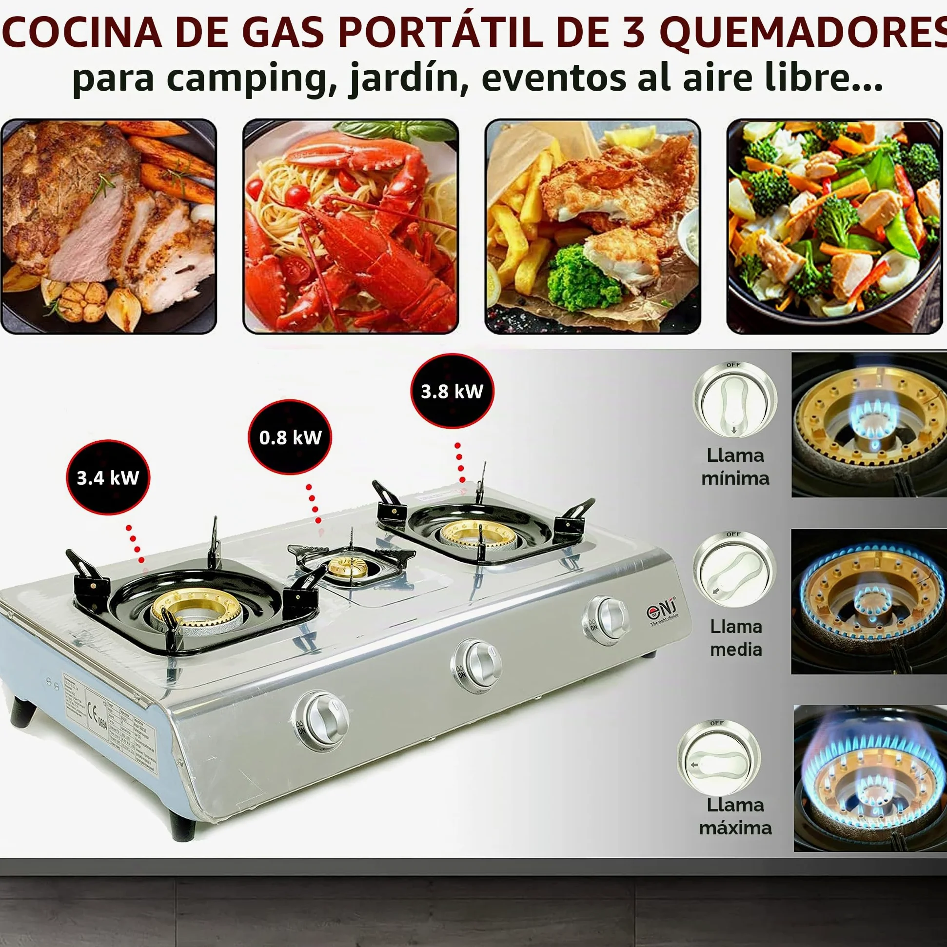 NJ Hornillo de Gas, NGB-300 - Camping Gas de 3 Fuegos para Exterior – Hornillo de Gas para Wok - Cocina Portátil de Gas GLP con Tecnología Eficiente y Encendido Automático, Acero Inoxidable – 8,0 kW