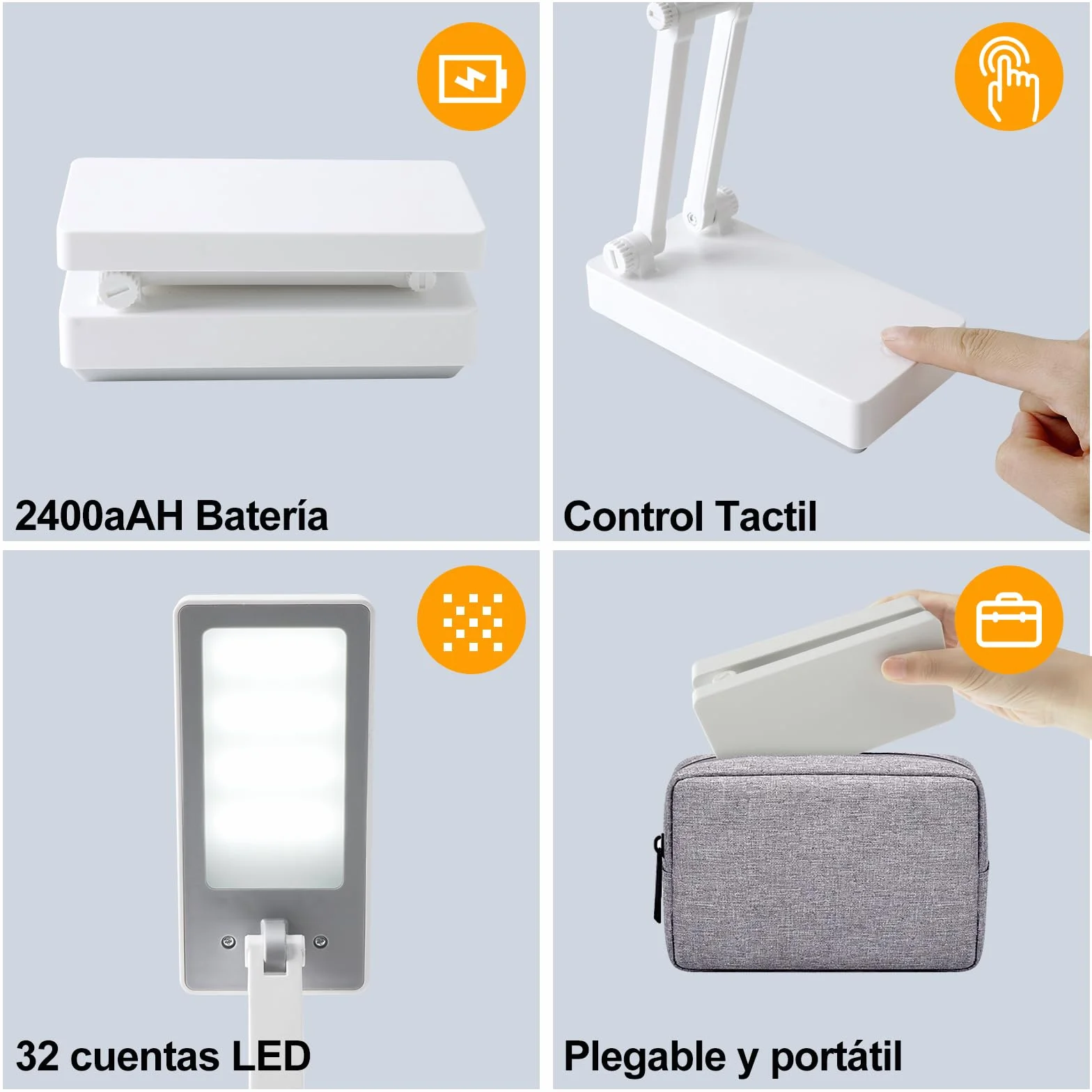 Lámpara Escritorio LED Recargable 2400 mAh Plegable Táctil 3 Modos