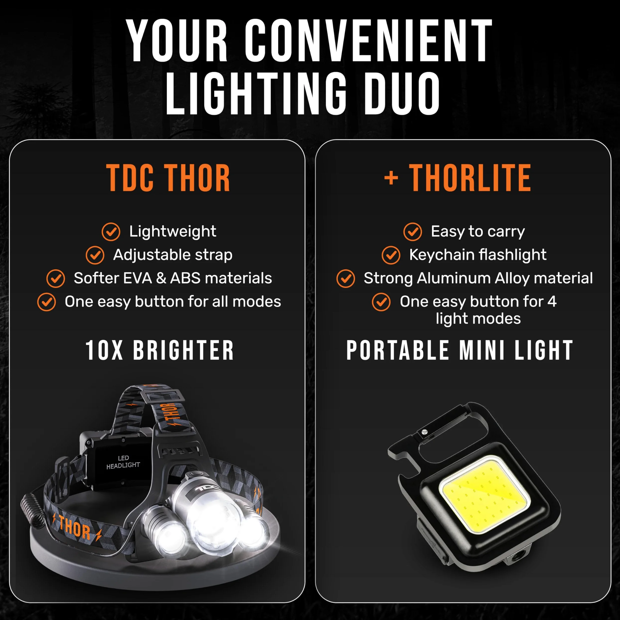 TDC Combo de faros: potente linterna frontal recargable Thor + linterna de llavero COB súper brillante recargable: ilumina tus aventuras con el dúo dinámico. Linterna frontal y llavero COB luz de