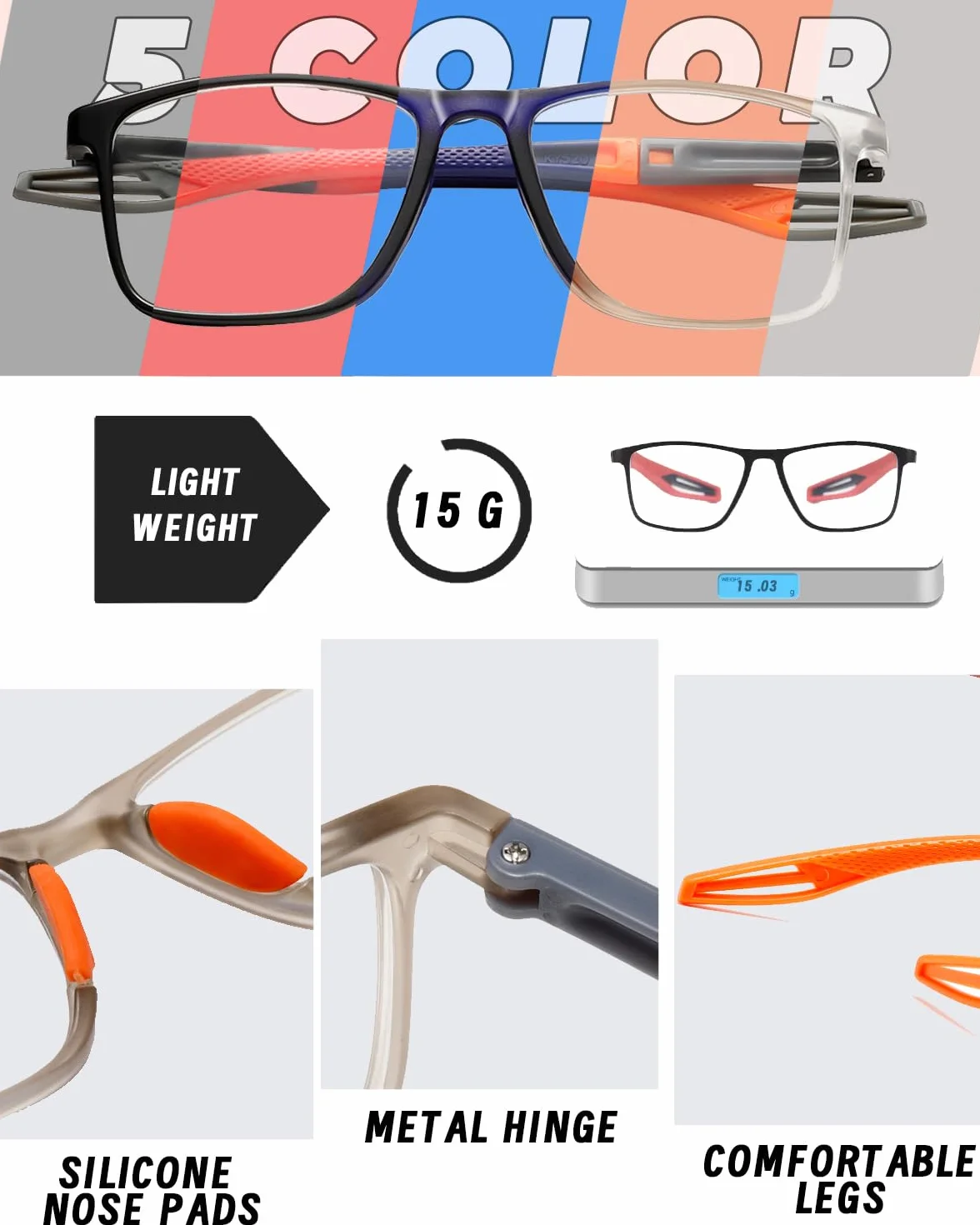 Hubeye Gafas de lectura deportiva ultraligeras anti luz azul 1.50 Pares