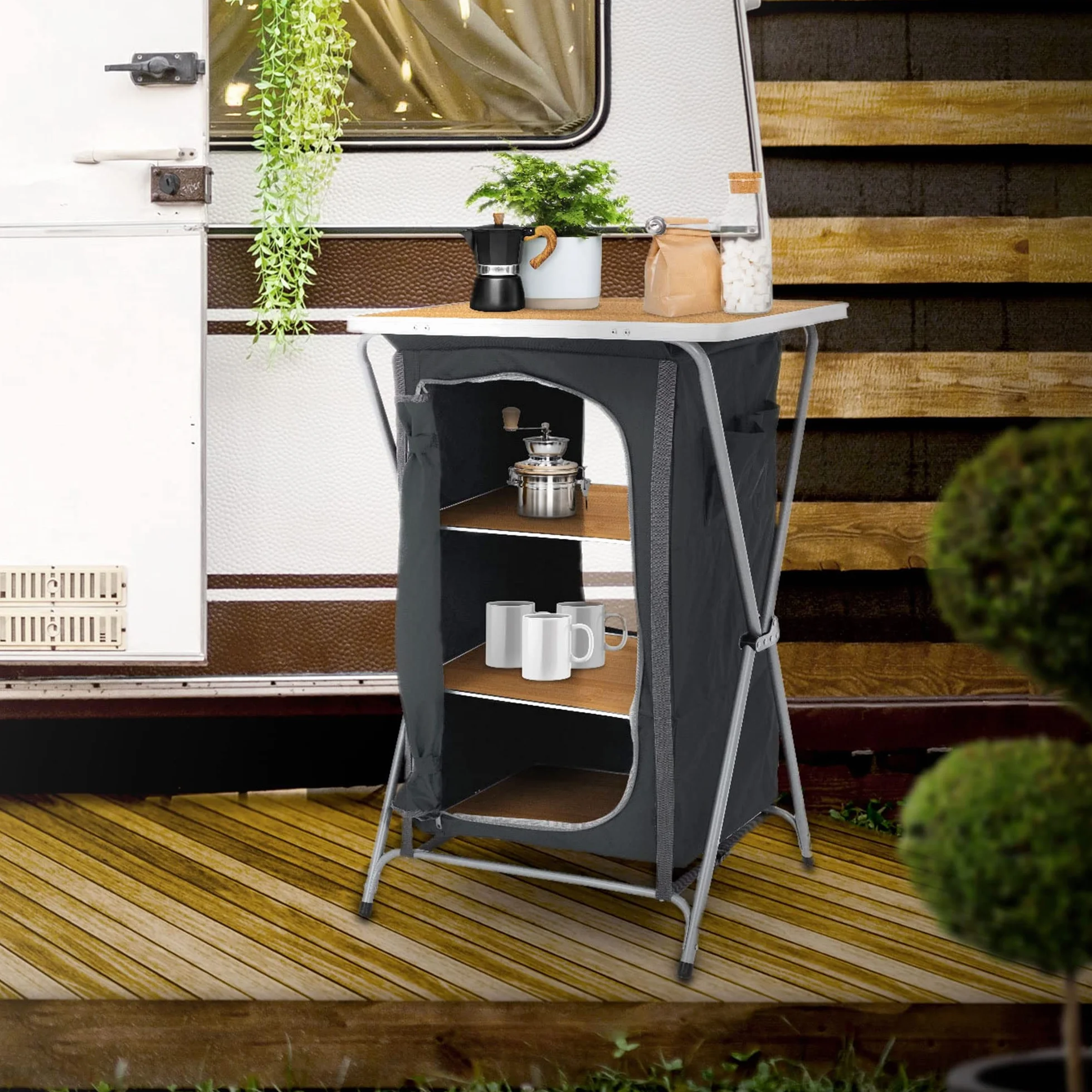ECD Germany Armario de camping plegable, color gris y madera, 64 x 97,5 cm, con estructura de aluminio, caja de cocina portátil con encimera, 2/3 estantes y bolsa de transporte, armario plegable de tela