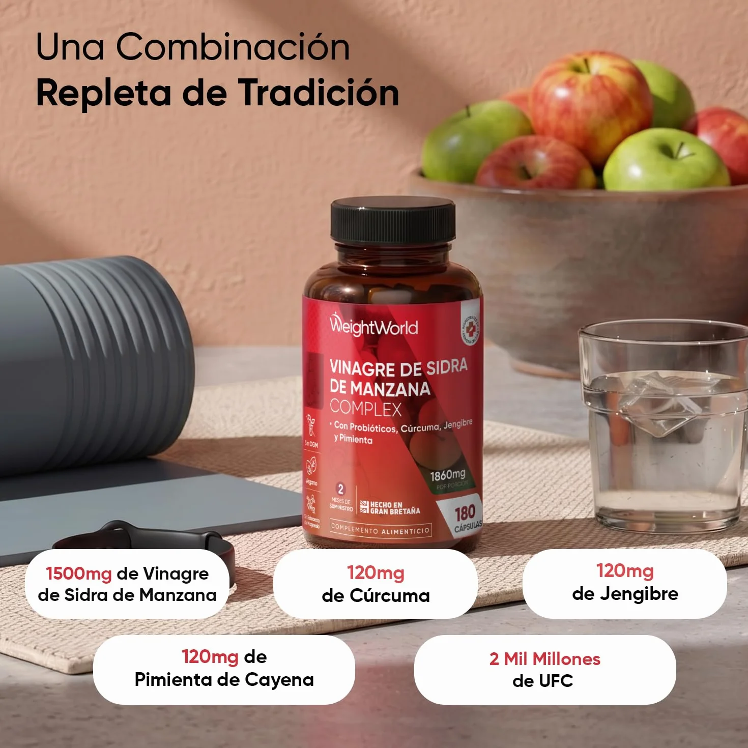 Vinagre de Sidra de Manzana 1860 mg - 180 Cápsulas con Probióticos, Cúrcuma, Jengibre y Pimienta de Cayena - Suplemento Vegano Sin OGM Sin Gluten