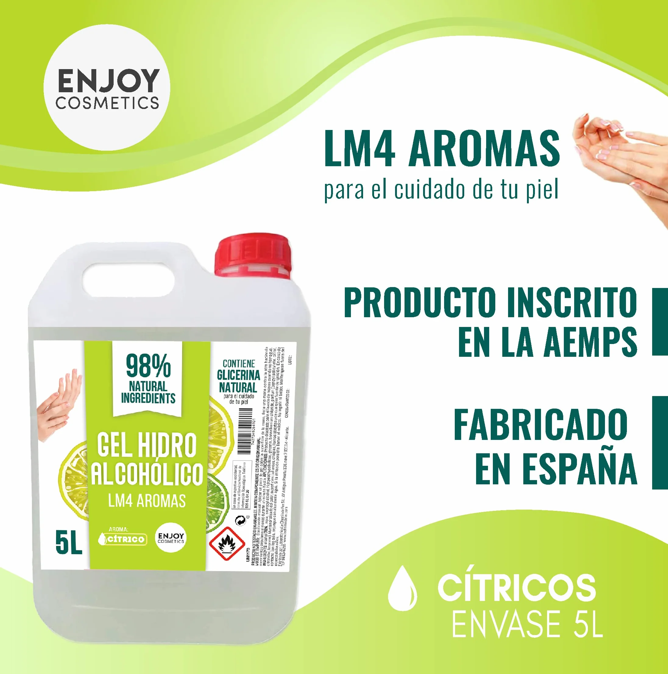 ENJOY COSMETICS Gel Hidroalcohólico Aroma Cítrico 5L 70% Alcohol con Glicerina Natural