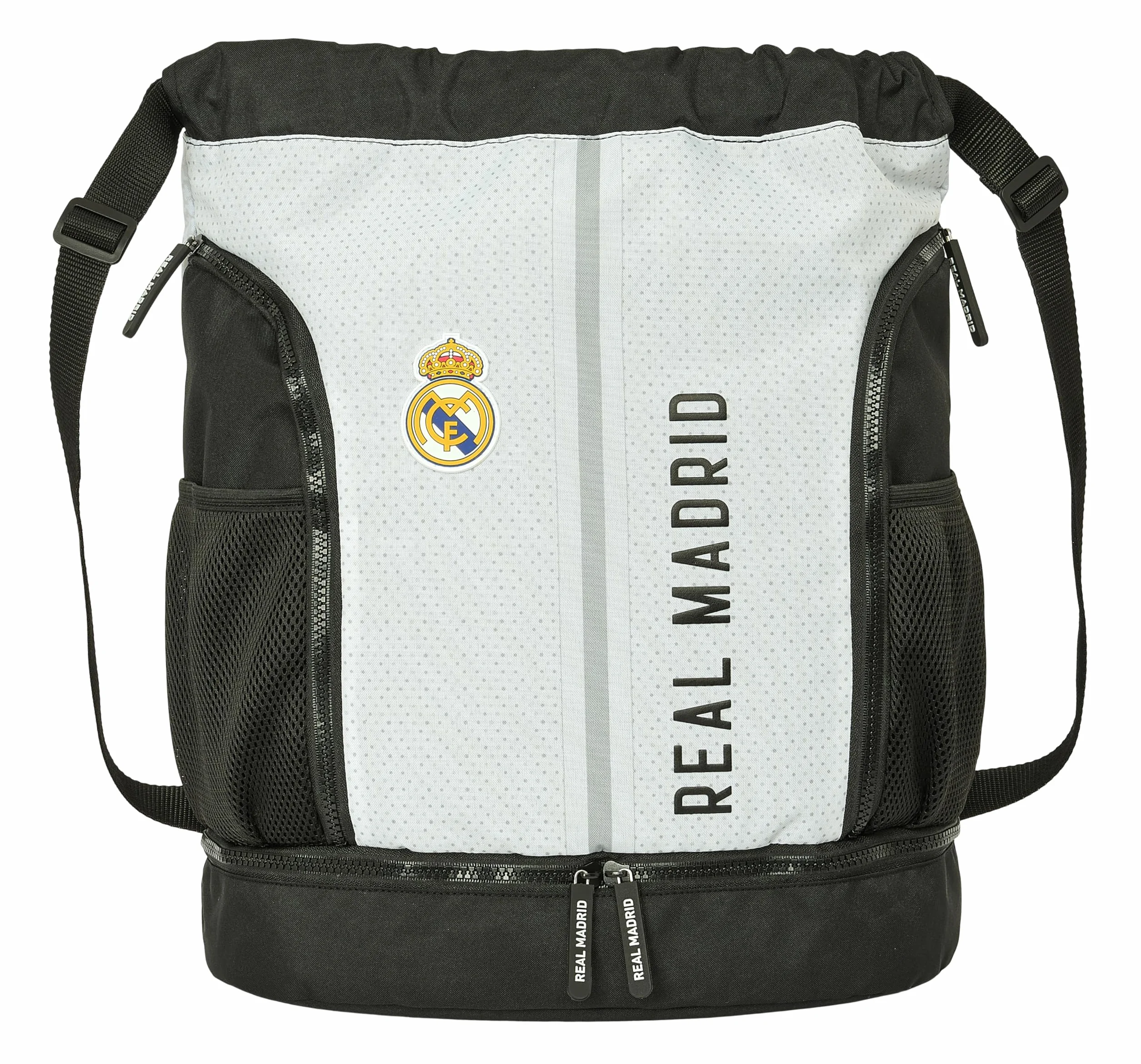 REAL MADRID 1ª EQUIPACIÓN 24/25 - Mochila Saco, Mochila, Ideal para Niños de Diferentes Edades, Cómoda y Versátil, Calidad y Resistencia, 34x15x43 cm, Color Blanco/gris