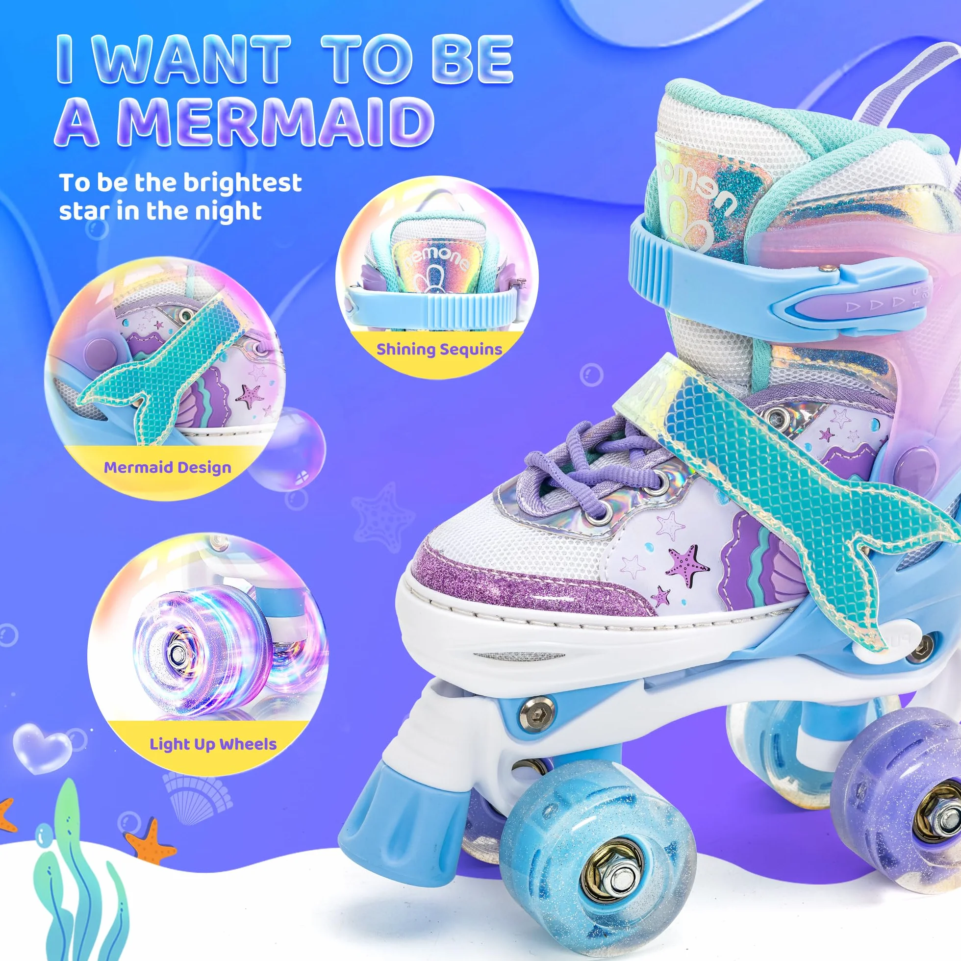 NEMONE Sirenita Patines de Ruedas Ajustable Niñas 4 Ruedas para Principiantes