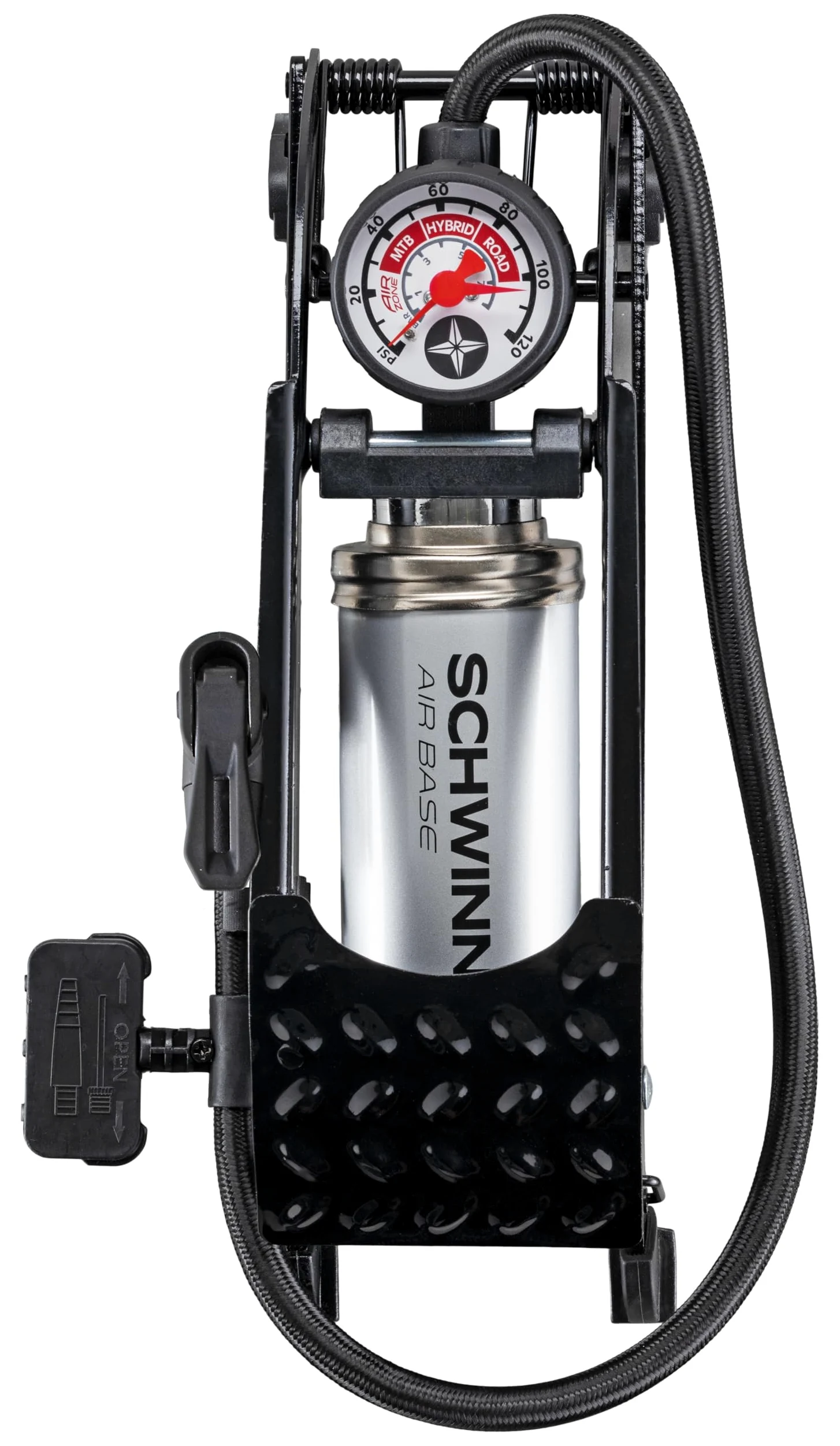 Schwinn Bomba de Bicicleta con Base de Aire, Cabezal de Bomba Doble, se Adapta a válvulas Presta y Shrader, MAX PSI 100, Manguera de Tela de 23 Pulgadas, Calibre fácil de Leer, Gris