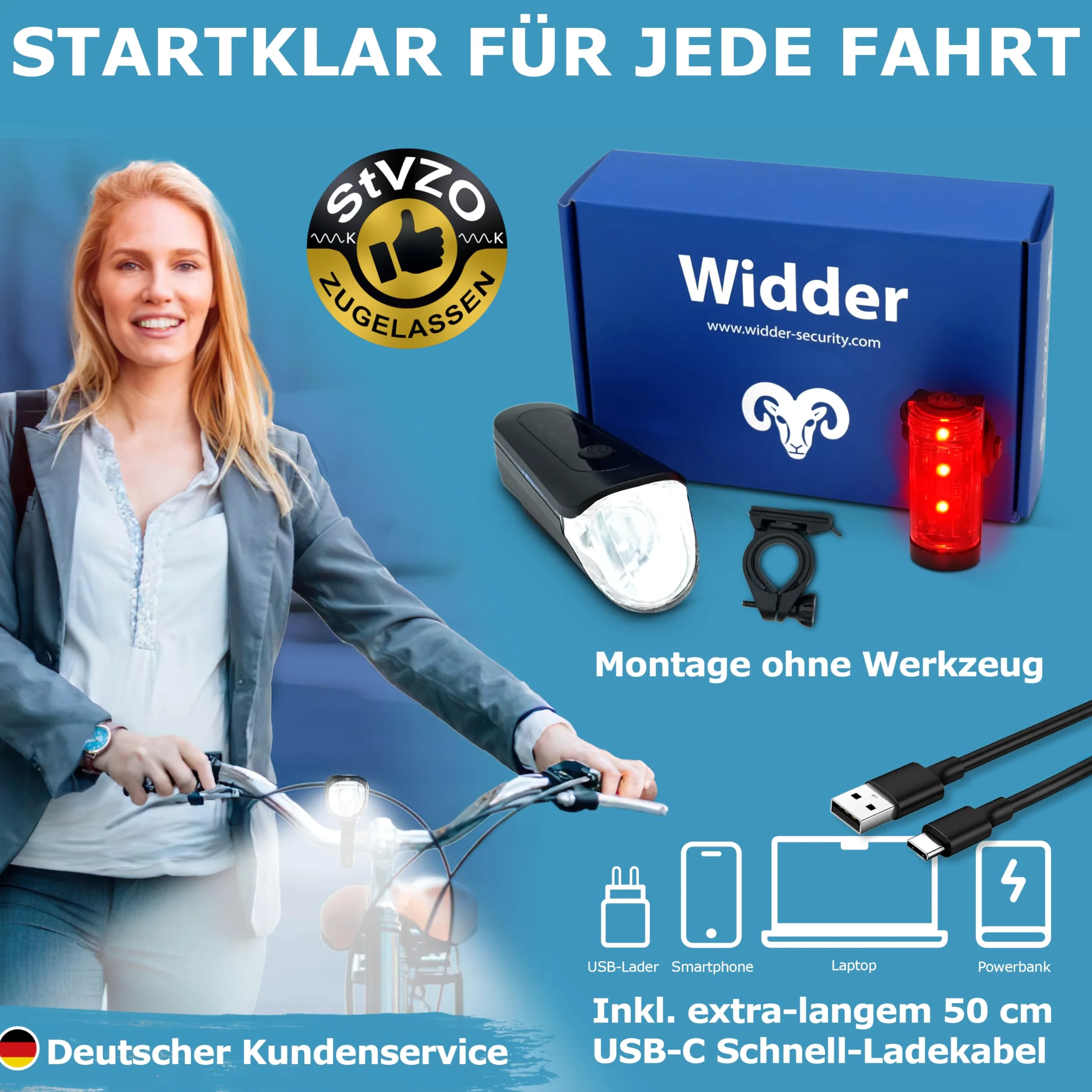 WIDDER Juego de luces delanteras y traseras para bicicleta (homologadas por StVZO, extremadamente brillantes, 170 lúmenes), recargable por USB C, luz de bicicleta con modo automático, juego de luces