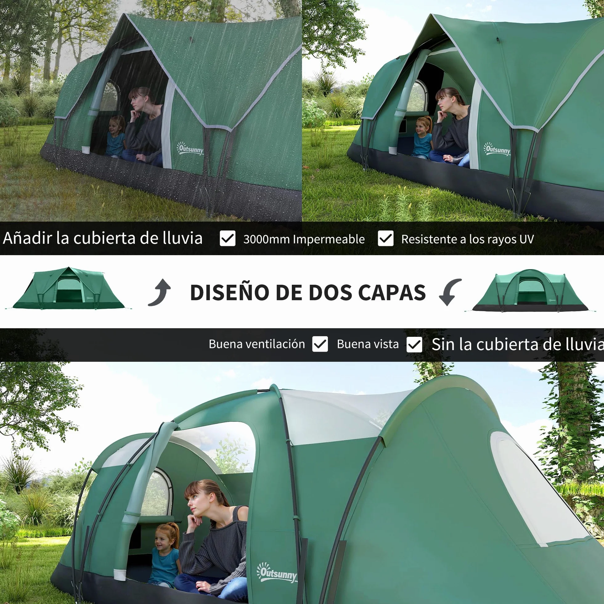 Outsunny Tienda de Campaña Familiar 5 Personas Impermeable 3000mm Túnel 455x220x180 cm