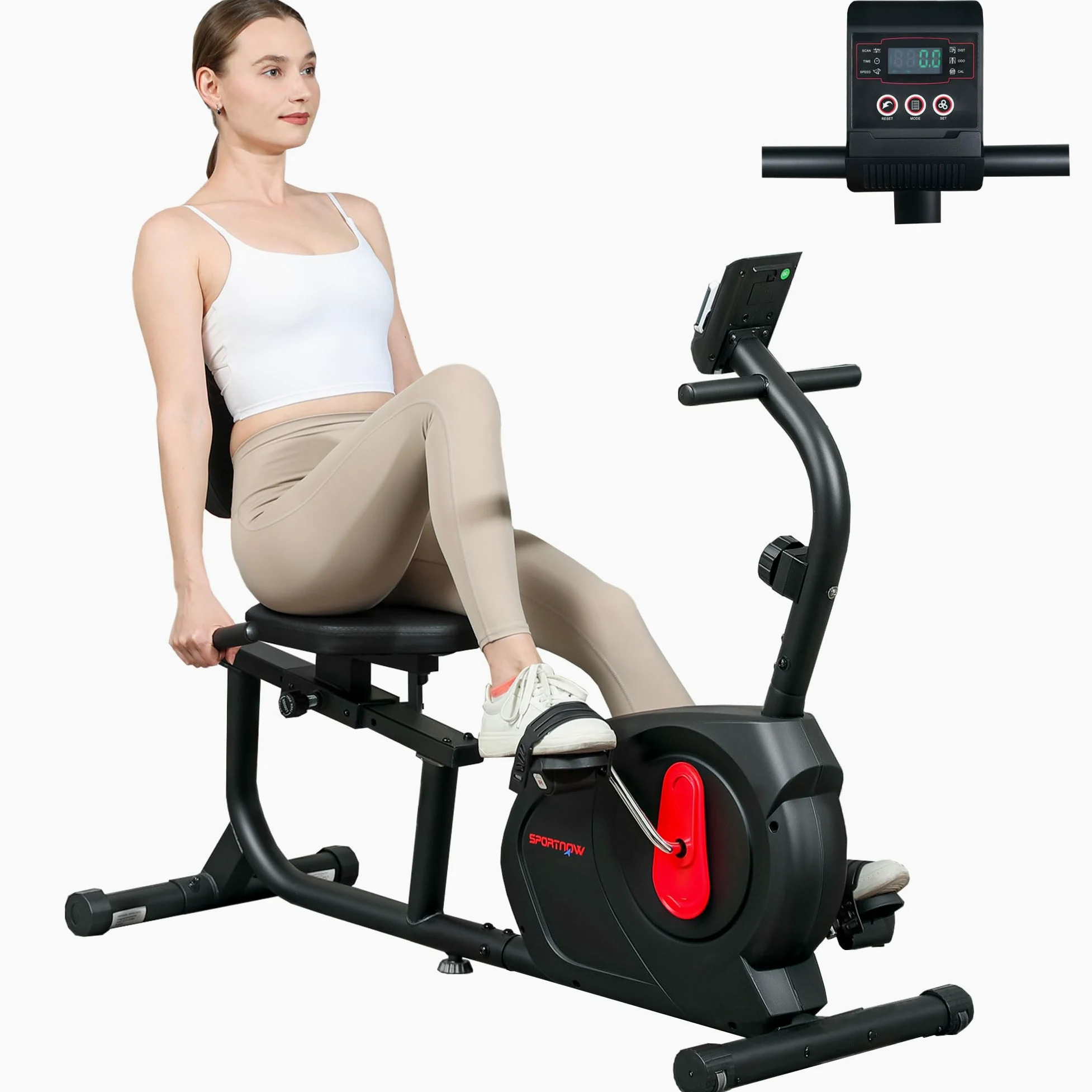 SPORTNOW Bicicleta Estática con Respaldo Reclinada 8 Niveles Resistencia | Volante, Asiento Regulable, Soporte para Teléfono, Pantalla LCD, Ruedas, Ideal para Entrenamientos