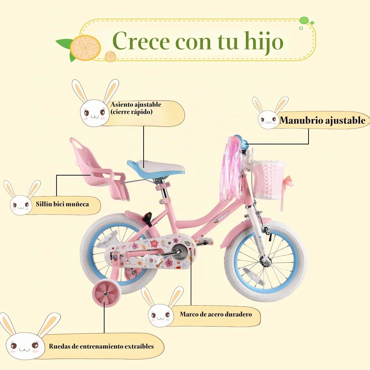 RULLY Daisy Bicicleta Niño 12 14 16 Pulgadas para Niñas de 2 a 7 Años - Bicicleta Princesa con Asiento Muñeca, Ruedas, Cesta y Cintas, Multicolor