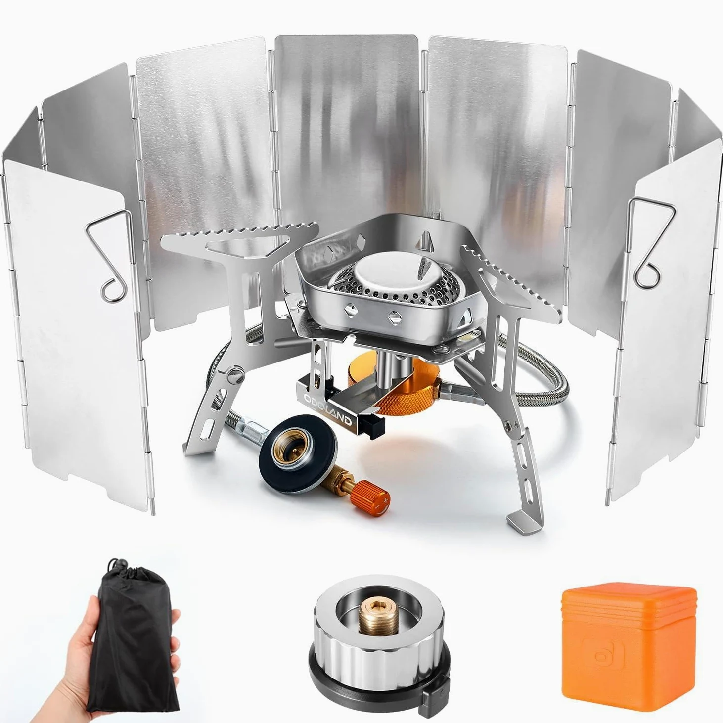 Odoland Hornillos Portátiles de Camping con Parabrisas Plegable, Mini Estufa Plegable de Acero con Encendido Piezoeléctrico, Hornillos de Gas Ultraligera para Camping Picnic Mochilero Senderismo