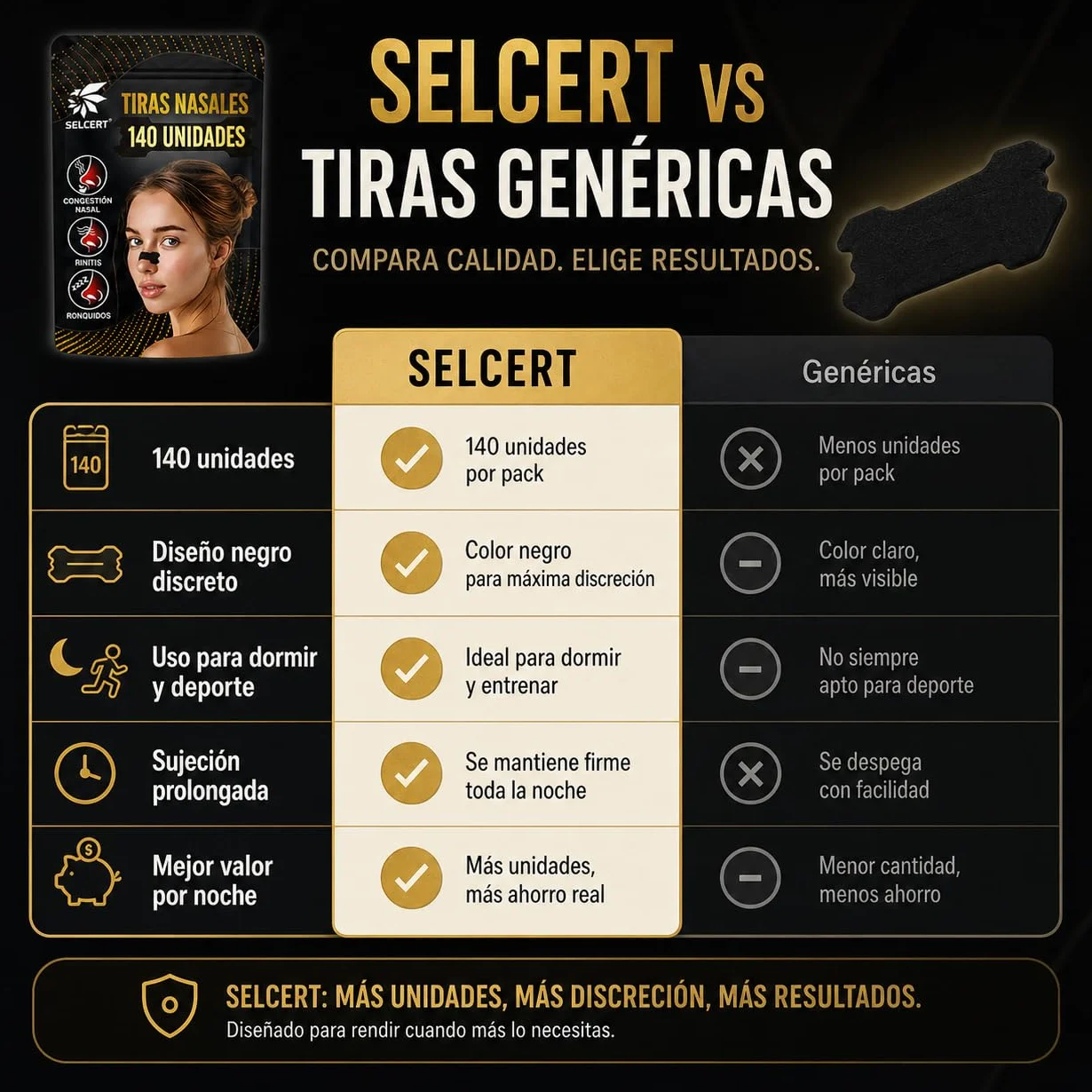 Tiras Nasales Antirronquidos x140 Dilatador Nasal Negro para Dormir Deporte Congestión Nasal