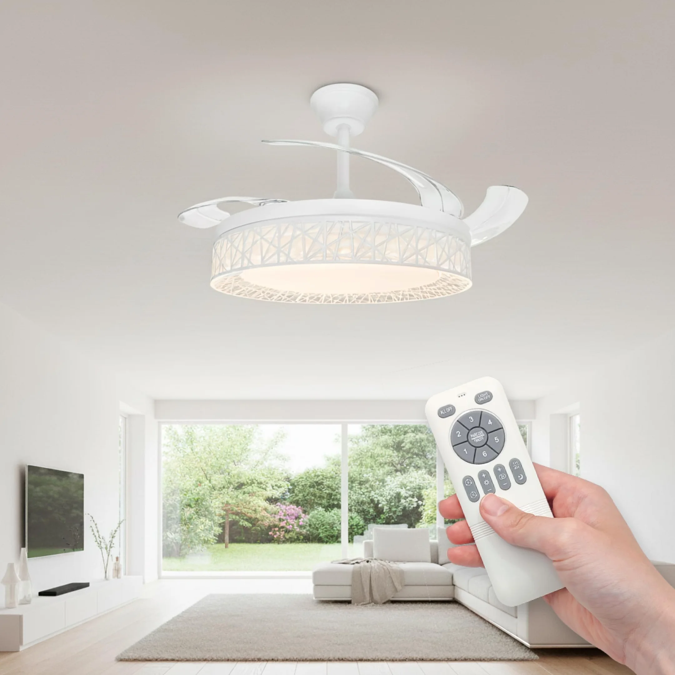 LED ATOMANT Ventilador de Techo con Luz LED 40W, Motor DC 32W, Ø 109cm, 4100LM, 4 Aspas Retractiles, 6 Velocidades, Modo Verano Invierno, Mando