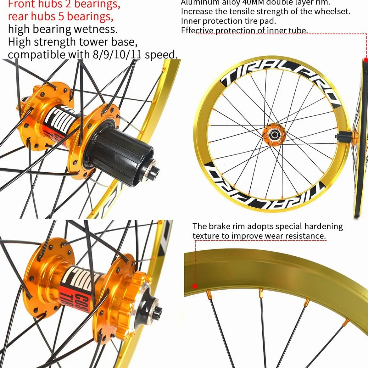 20'' 406/451 Juego De Ruedas Para Bicicleta Plegable Doble Capa Llanta BMX | 24H Freno De Disco Ruedas De Liberación Rápida Para Cassette 7-11 Velocidades(Gold,406)