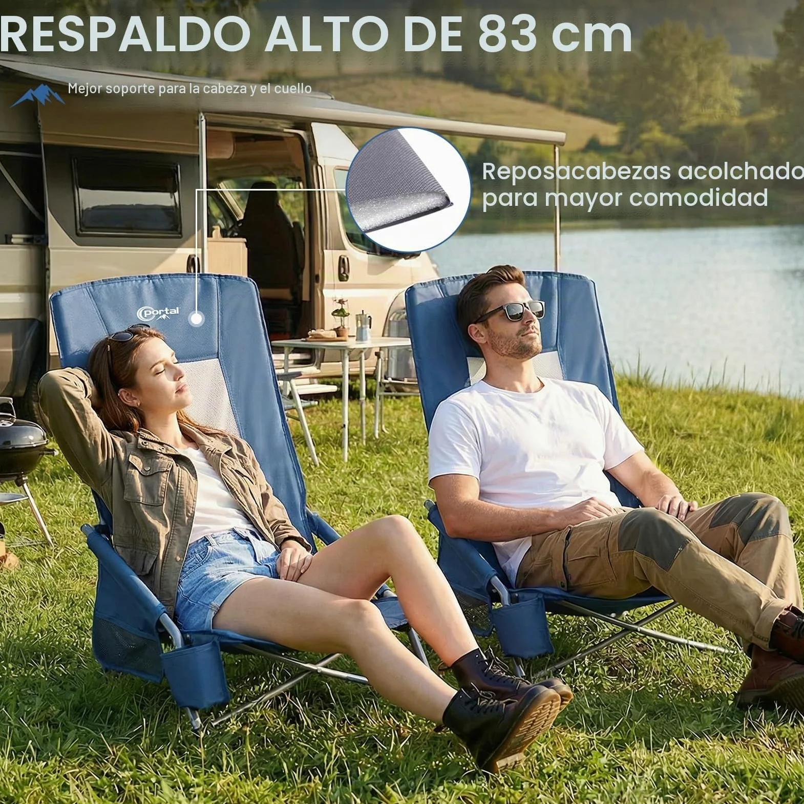 Portal Juego de 2 sillas de playa de respaldo alto, ligeras, bajas, portátiles, para adultos, asiento de playa, festival, picnic, mochila, tumbona plegable al aire libre, con portavasos de malla