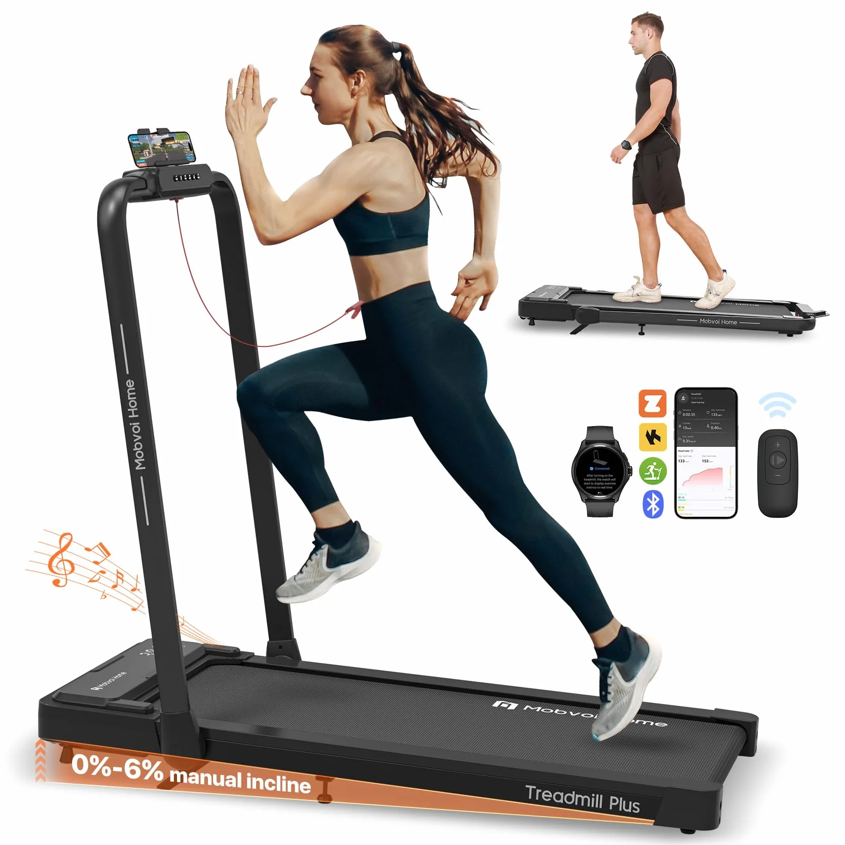 Mobvoi Home Treadmill Plus 3 in 1 Folding Treadmill Walking Pad 2.5HP Compact Under Desk Running Walking Machine for Home Office Remote Control LED Display 120kg 12KMH